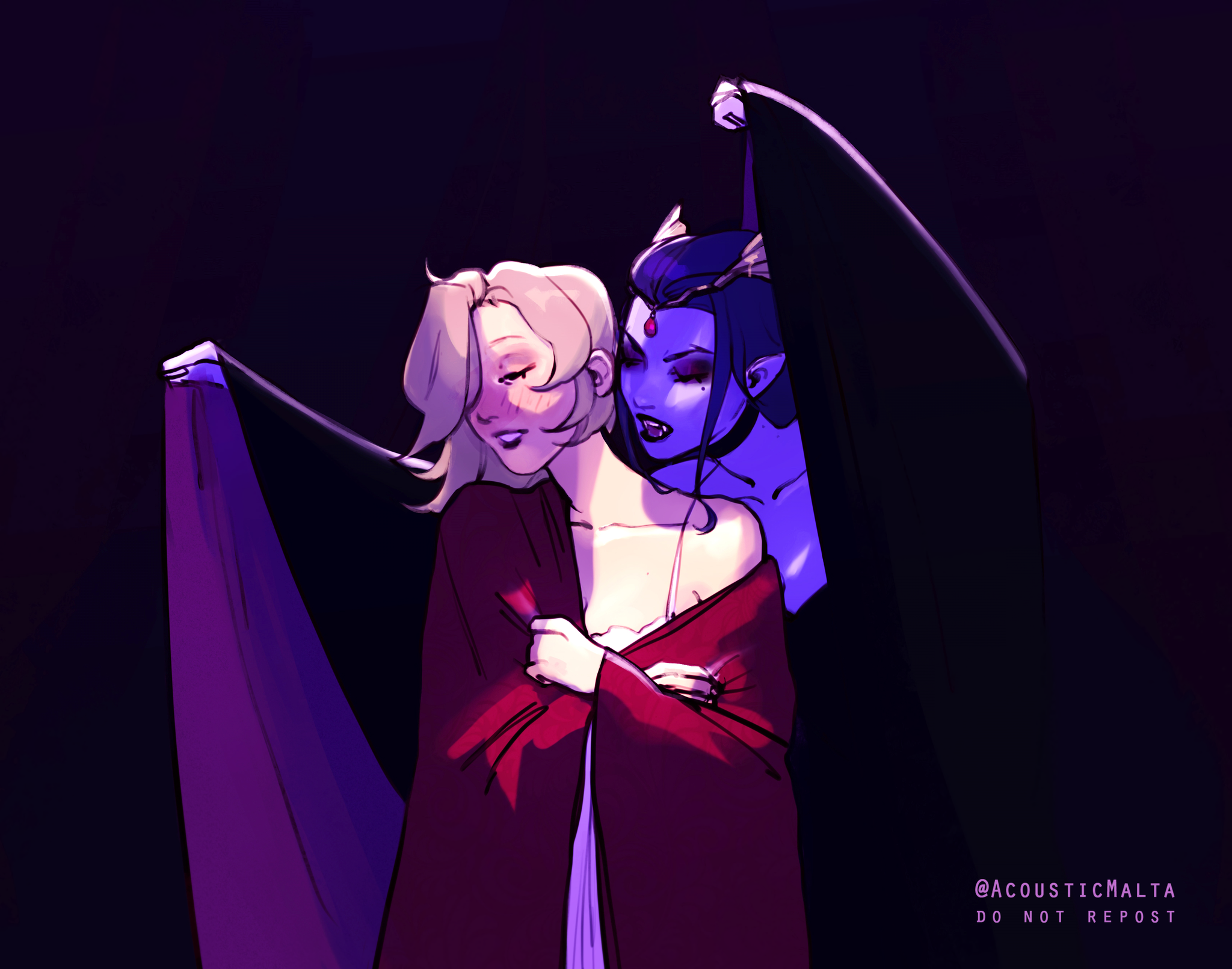 Mercy and the Vampire Widowmaker - Acousticmalta, Yuri, Yuri cute, Overwatch, Widowmaker, Mercy, Lesbian, Vampires, Art, Girls, Longpost