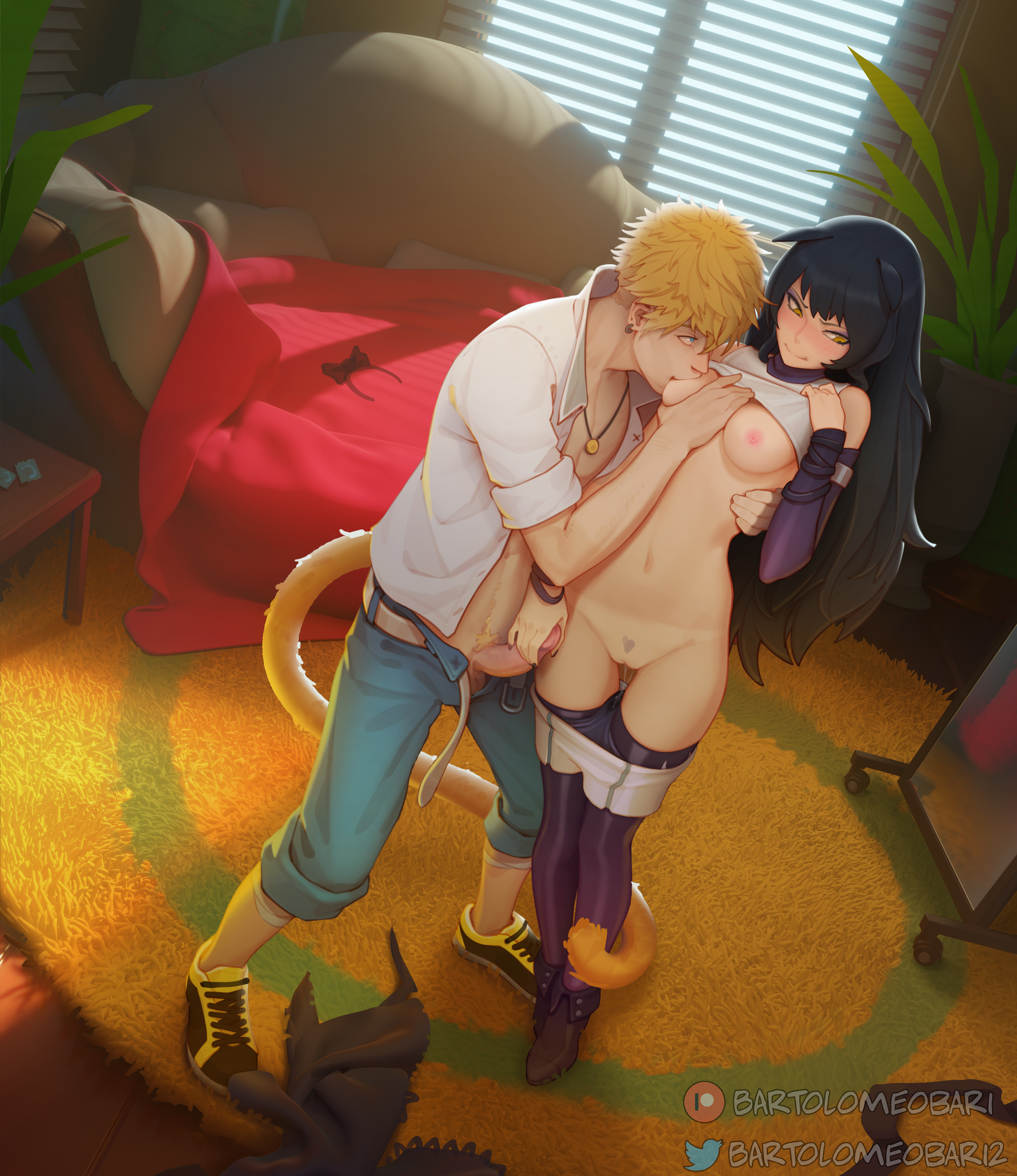 Sun Wukong & Blake Belladonna - NSFW, Art, Anime, Anime art, RWBY, Sun wukong, Blake belladonna, Girls, Erotic, Hand-drawn erotica, Underwear, Boobs, Labia, Pubes, Penis, Strip, Animal ears, Tail, Bartolomeobari