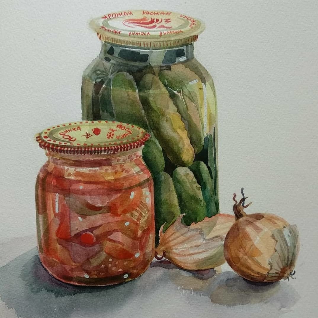 Jar of cucumbers - My, Painting, Watercolor, Canned food