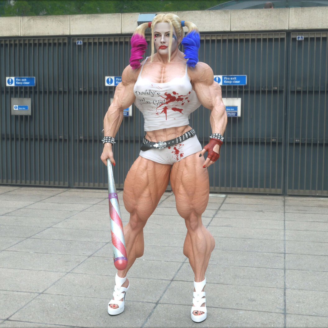 Harley quinn - NSFW, Strong girl, Sleep-Sleep, Extreme muscles, Muscleart, Harley quinn, 3D, Art, Longpost, , Fan art