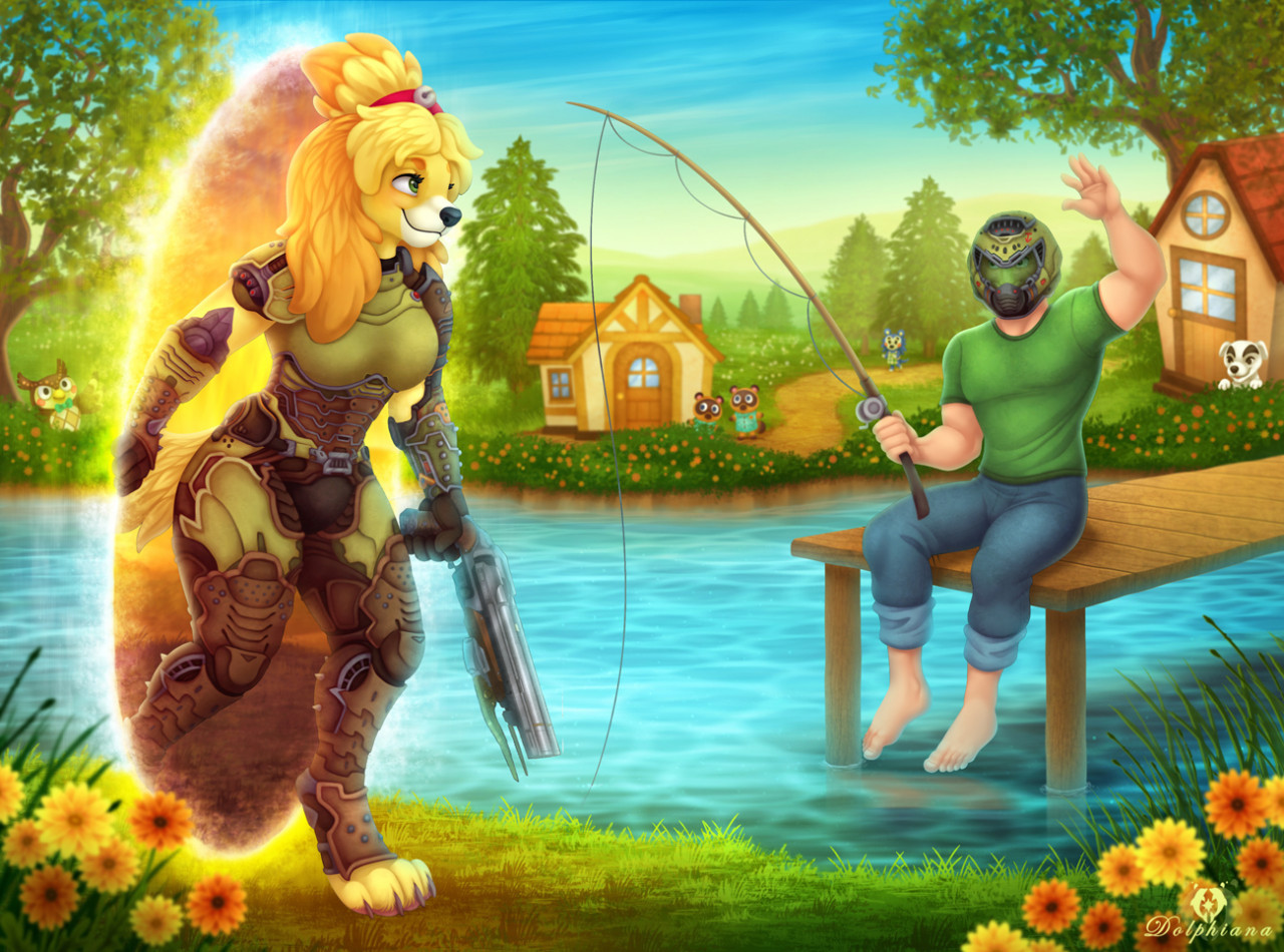 Doom Crossing - Furry, Anthro, Art, Furry dog, Dolphiana, Doom, Games, Isabelle, Animal crossing, Crossover, Doom eternal