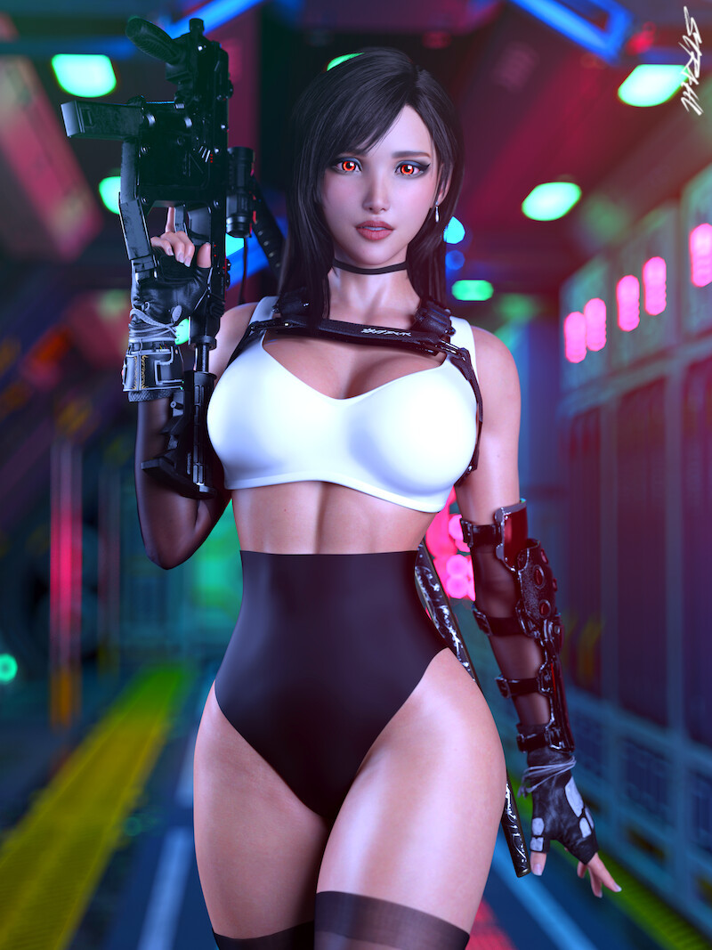 Cyber Tifa - NSFW, Tifa Lockhart, Фан-Арт, Киберпанк, Арт, 3D, Девушки, Final Fantasy, Цифровой рисунок, Final Fantasy VII, Str4hl, Крепкая девушка, Фитоняшка, Длиннопост