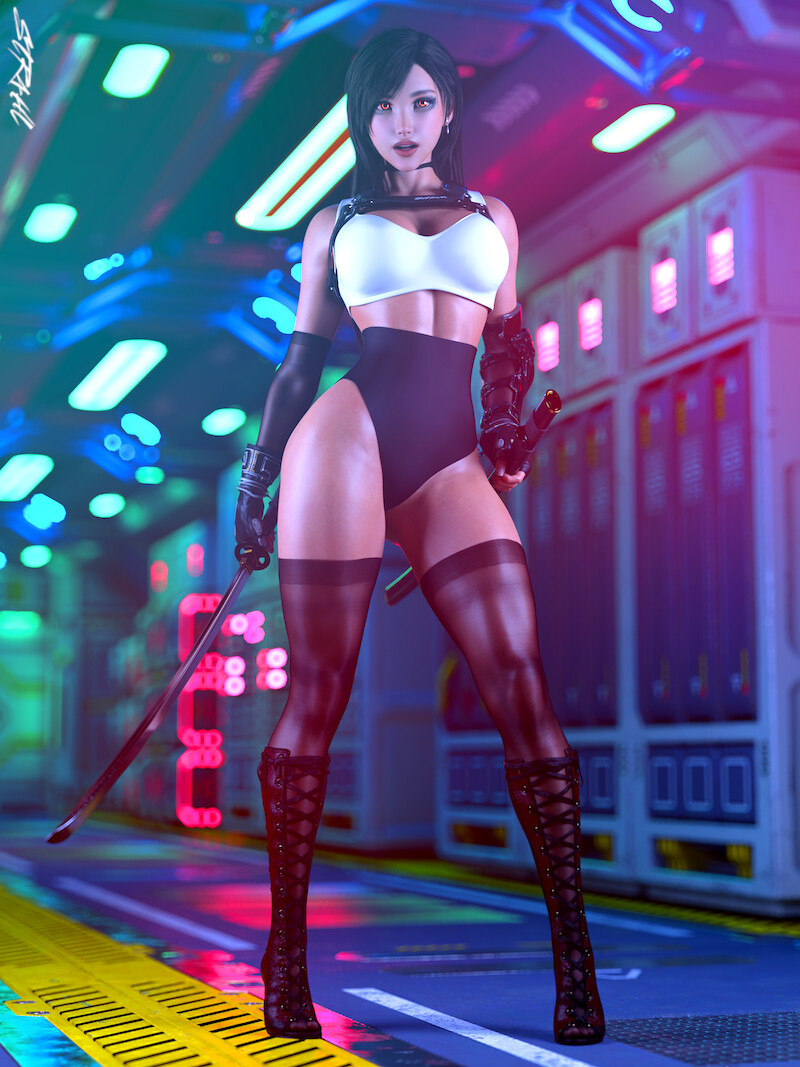 Cyber Tifa - NSFW, Tifa Lockhart, Фан-Арт, Киберпанк, Арт, 3D, Девушки, Final Fantasy, Цифровой рисунок, Final Fantasy VII, Str4hl, Крепкая девушка, Фитоняшка, Длиннопост