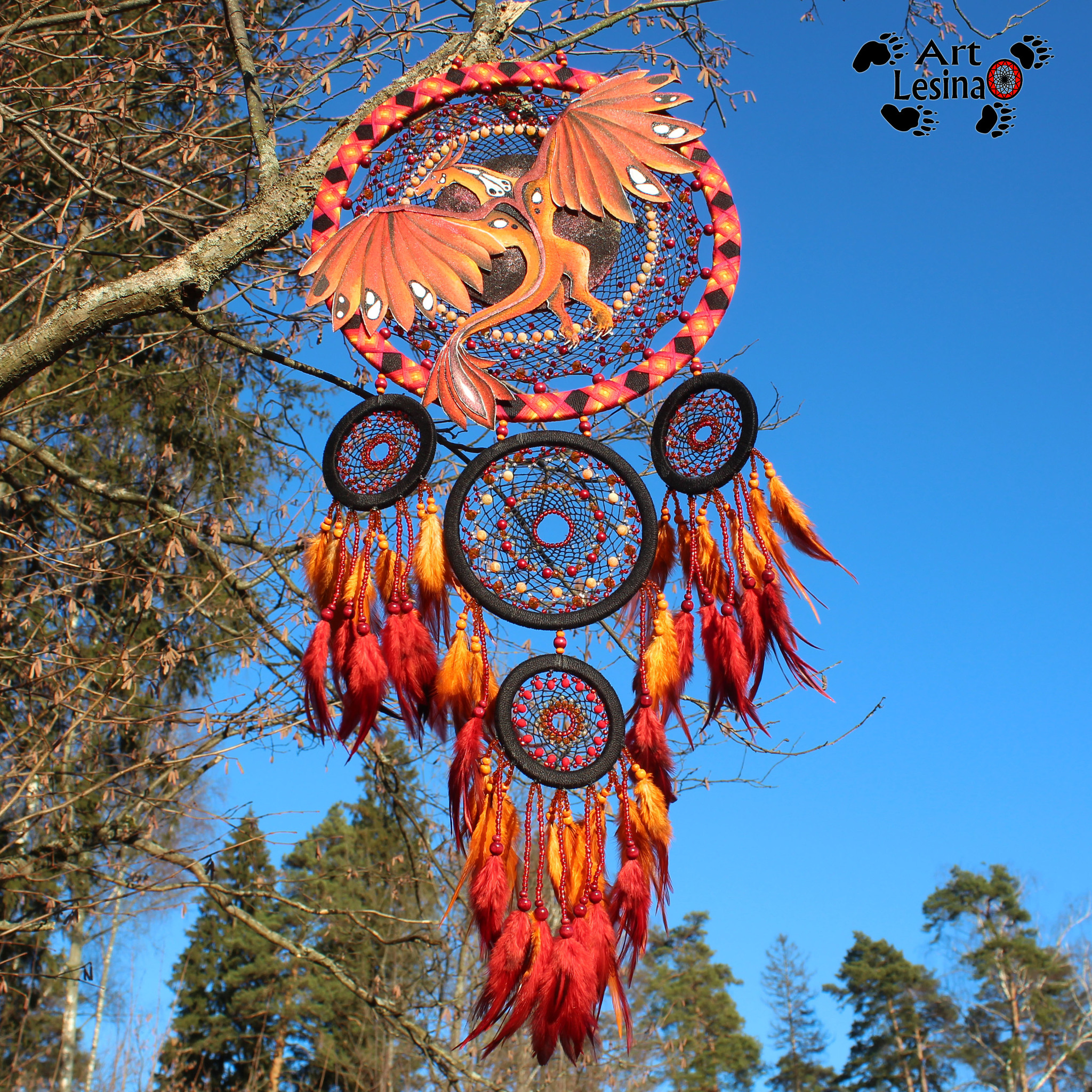 Big dream catcher Fiery Space Dragon - My, The Dragon, Dreamcatcher, Presents, Amulet, Fire, Longpost