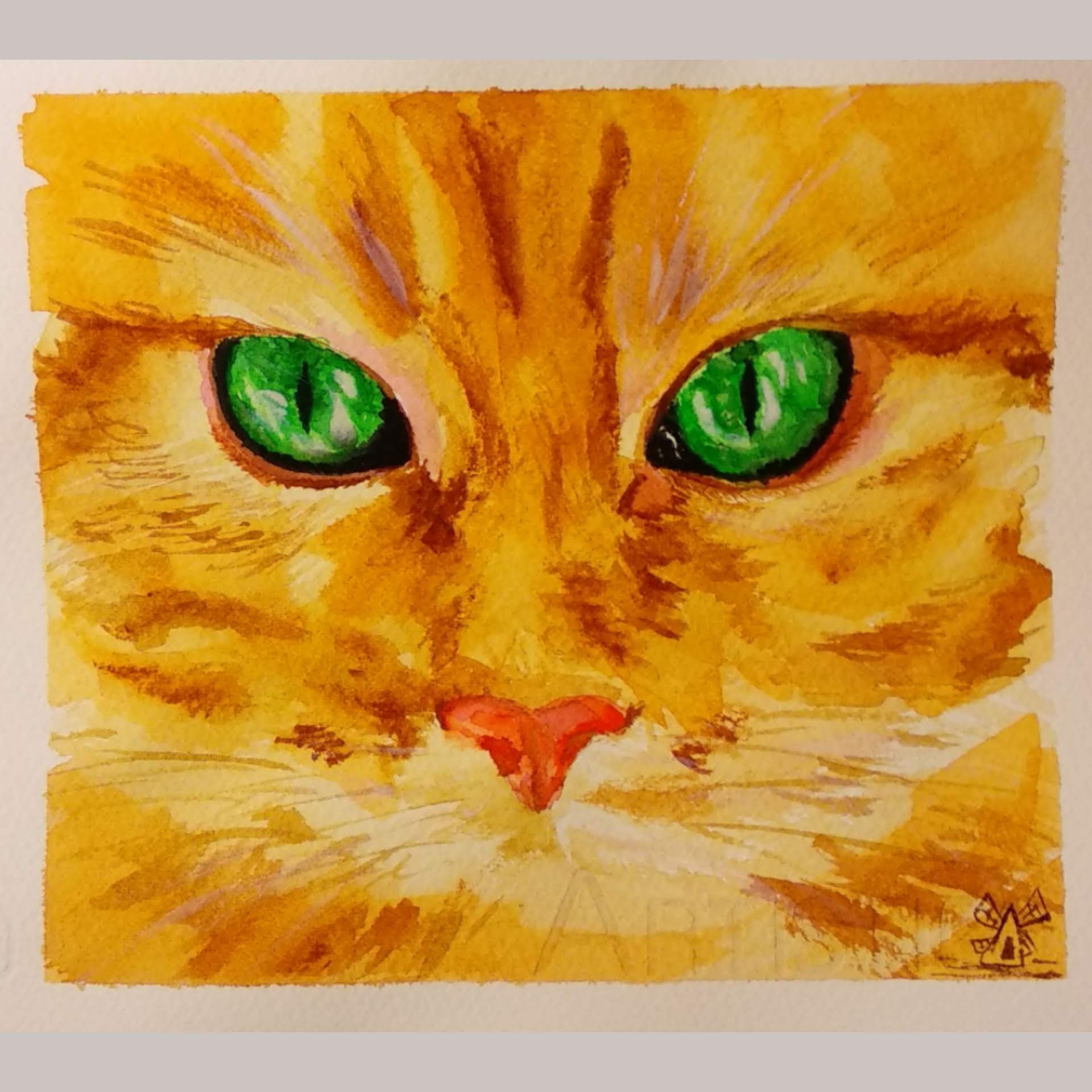 Autumn cat - My, Drawing, Watercolor, cat, Redheads, Green eyes, Art, Self-taught artist, Longpost