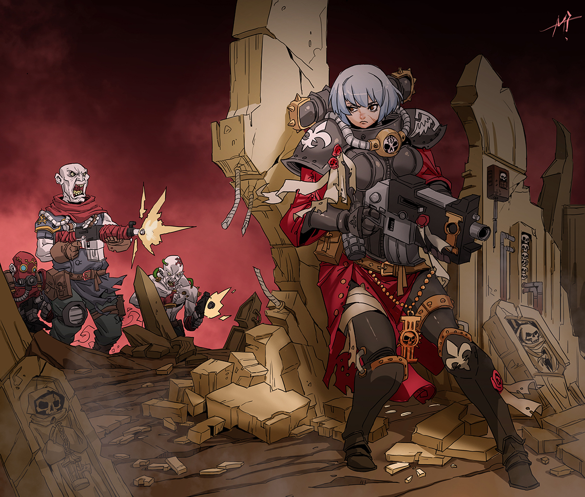 SoB vs Chaos Cultists by Yi Meng Zhang - Yi Meng Zhang, Warhammer 40k, Wh Art, Adepta Sororitas, Chaos cultists