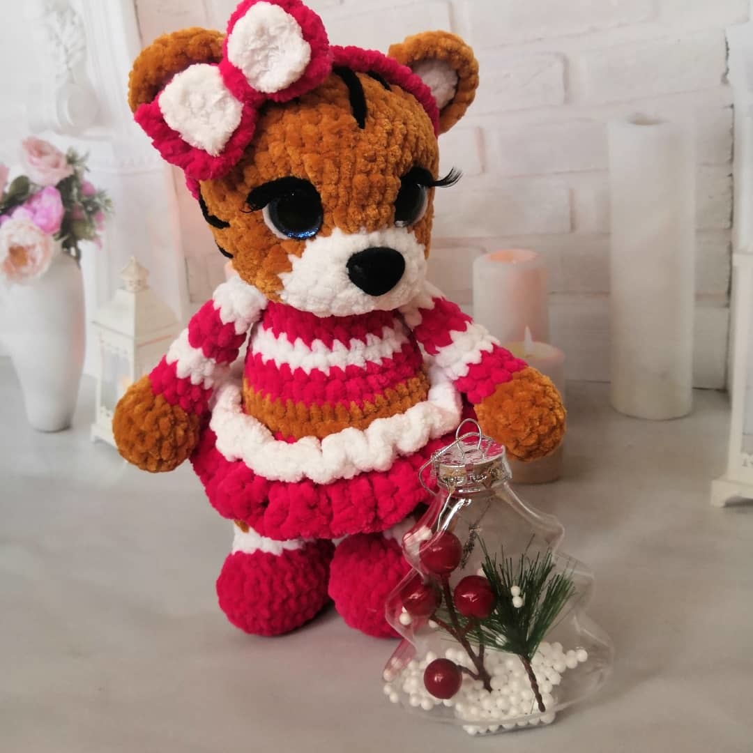 Tiger cub in a dress - My, Tiger, New Year, Crochet, Soft toy, Plush Toys, Presents, Knitting, Amigurumi