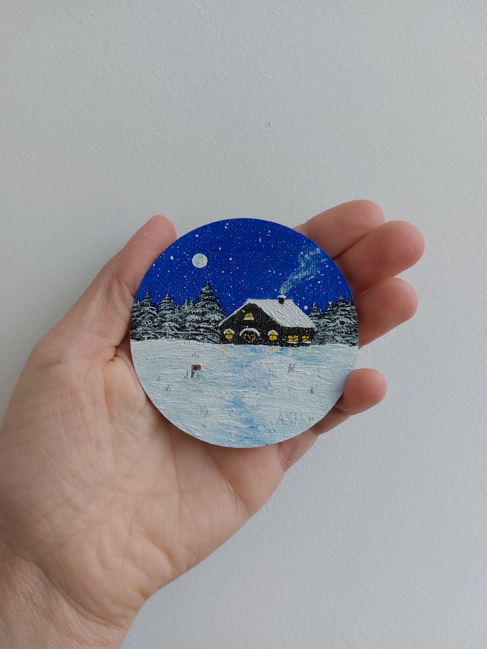 Winter magnets.Oil, canvas on a magnet 7.5cm*7.5cm - My, Butter, Winter, Longpost