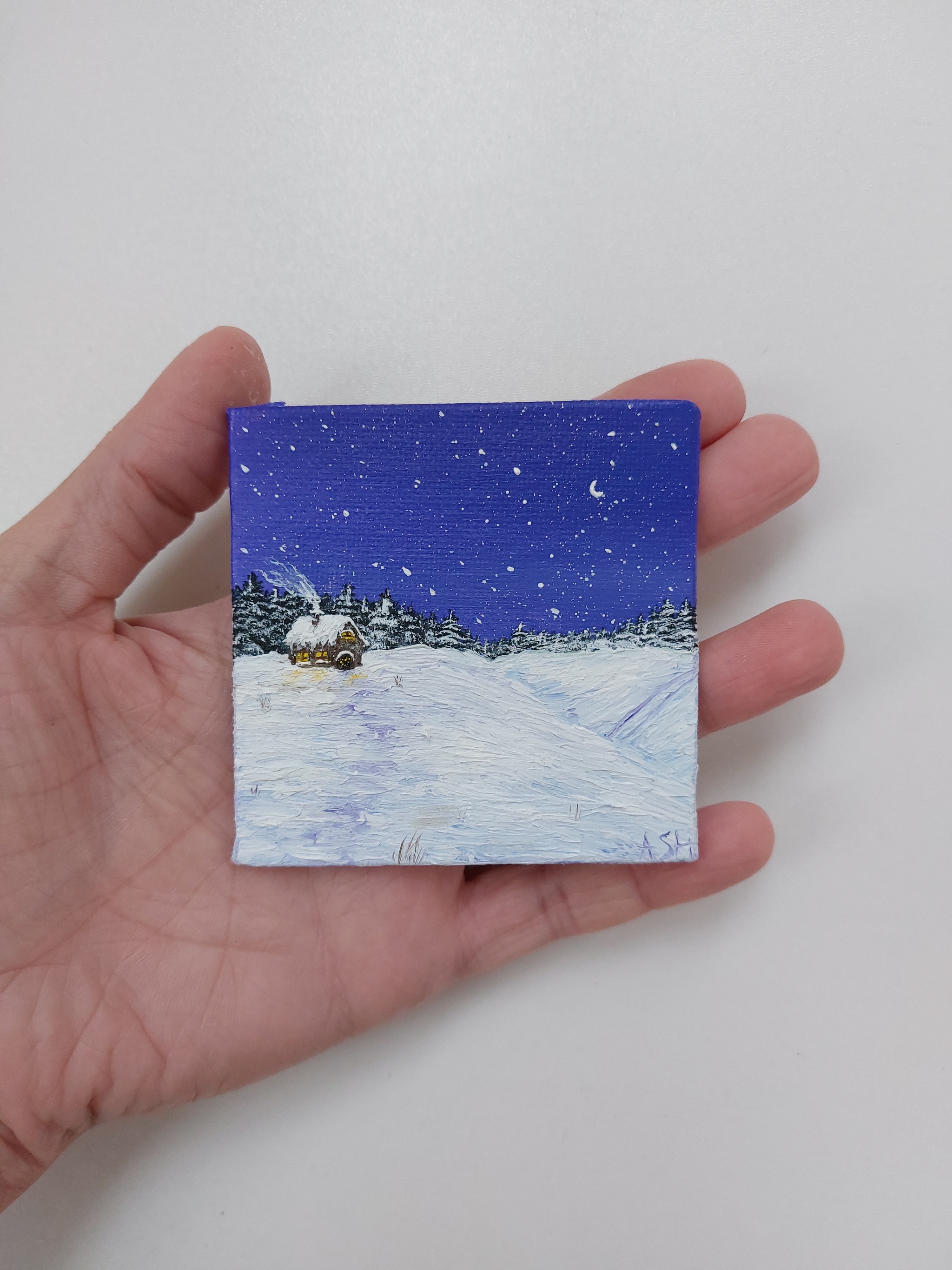 Winter magnets.Oil, canvas on a magnet 7.5cm*7.5cm - My, Butter, Winter, Longpost