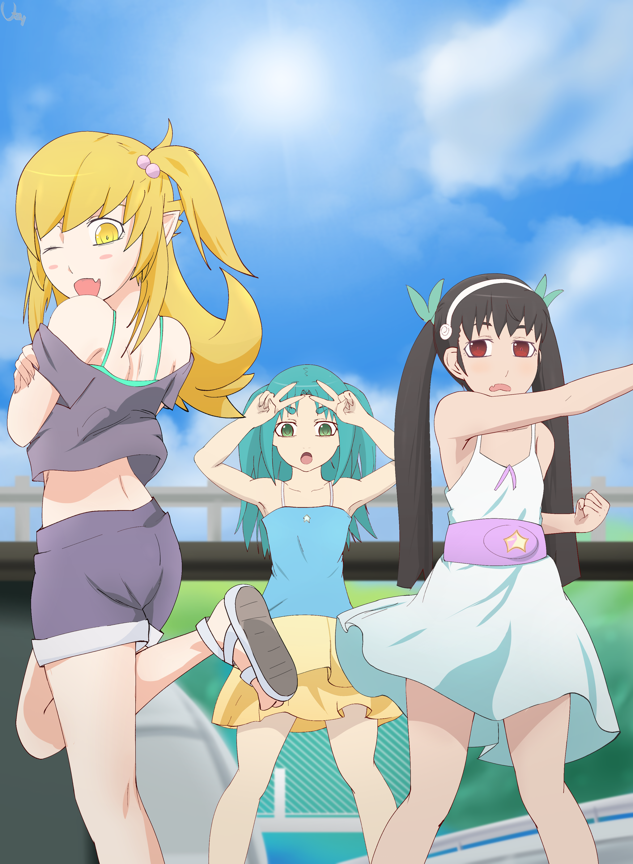 Хмм... - Кроссовер, Monogatari series, Shinobu Oshino, Hachikuji Mayoi, Yotsugi Ononoki, Loli, Anime Art, Аниме, Арт, Shoujo ramune