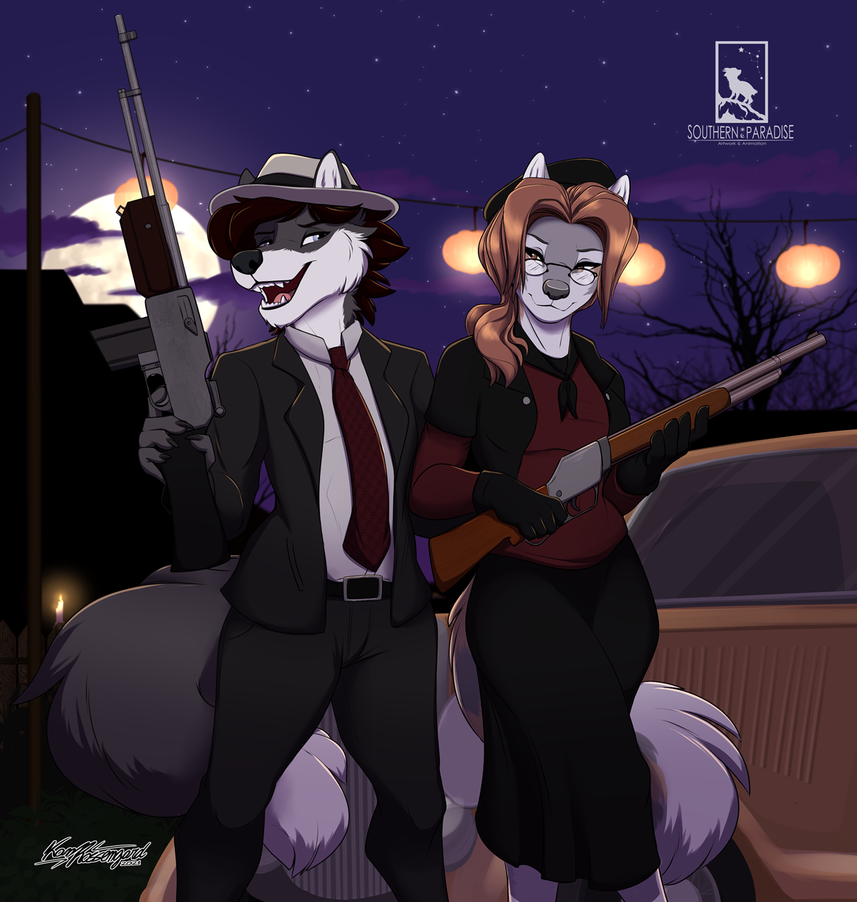 BONNIE AND CLIDE - Furry, Anthro, Art, Furry canine, Kanutwolfen