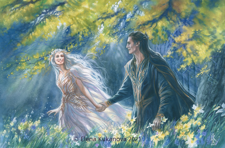 Lorien - My, Elrond, Lorien, Tolkien, Tolkien's Legendarium, Watercolor, Painting, Elves, Fantasy, Illustrations, Love story, Longpost