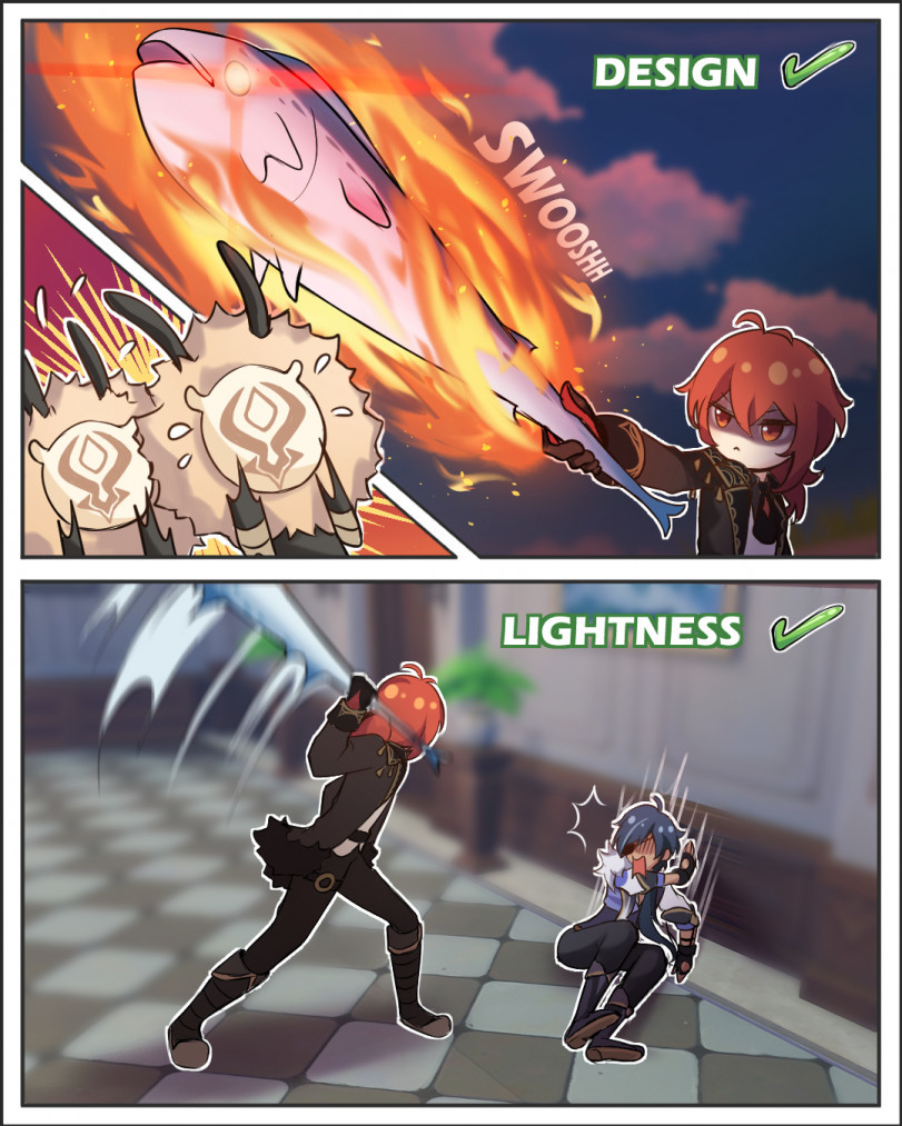 Universal weapon - Anime art, Genshin impact, Diluc, Aether, Kaeya, Longpost, Comics