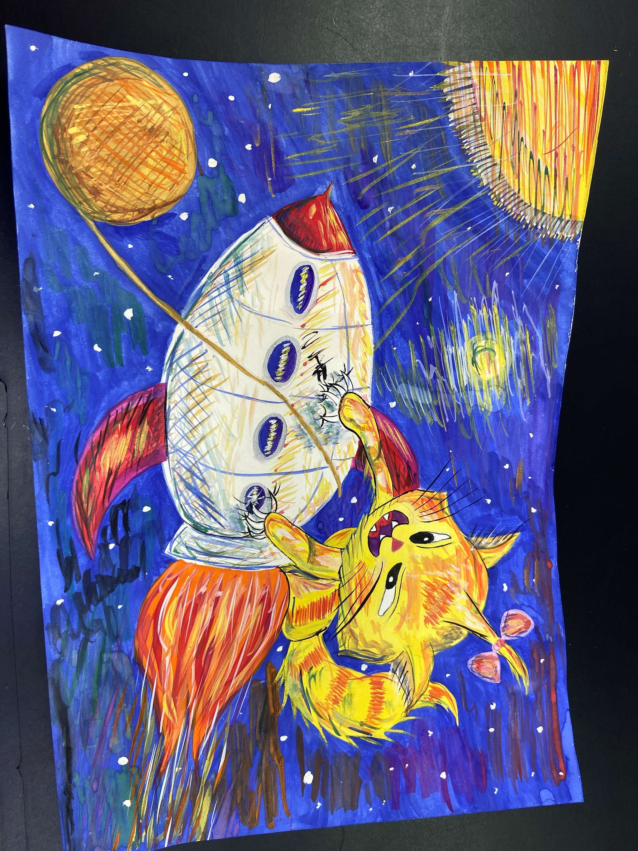 Space kitten chases the tangle)) - My, cat, Clew, Погоня, Rocket, Space, Drawing, Learning to draw, Gouache, Longpost