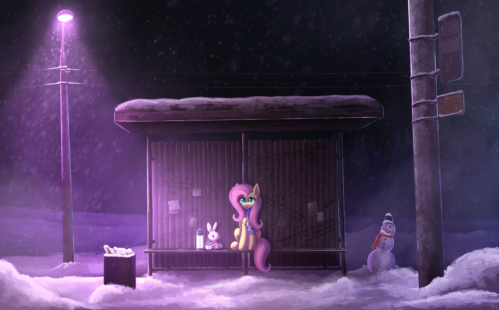 At the bus stop - My little pony, Fluttershy, Art, Atlas-66