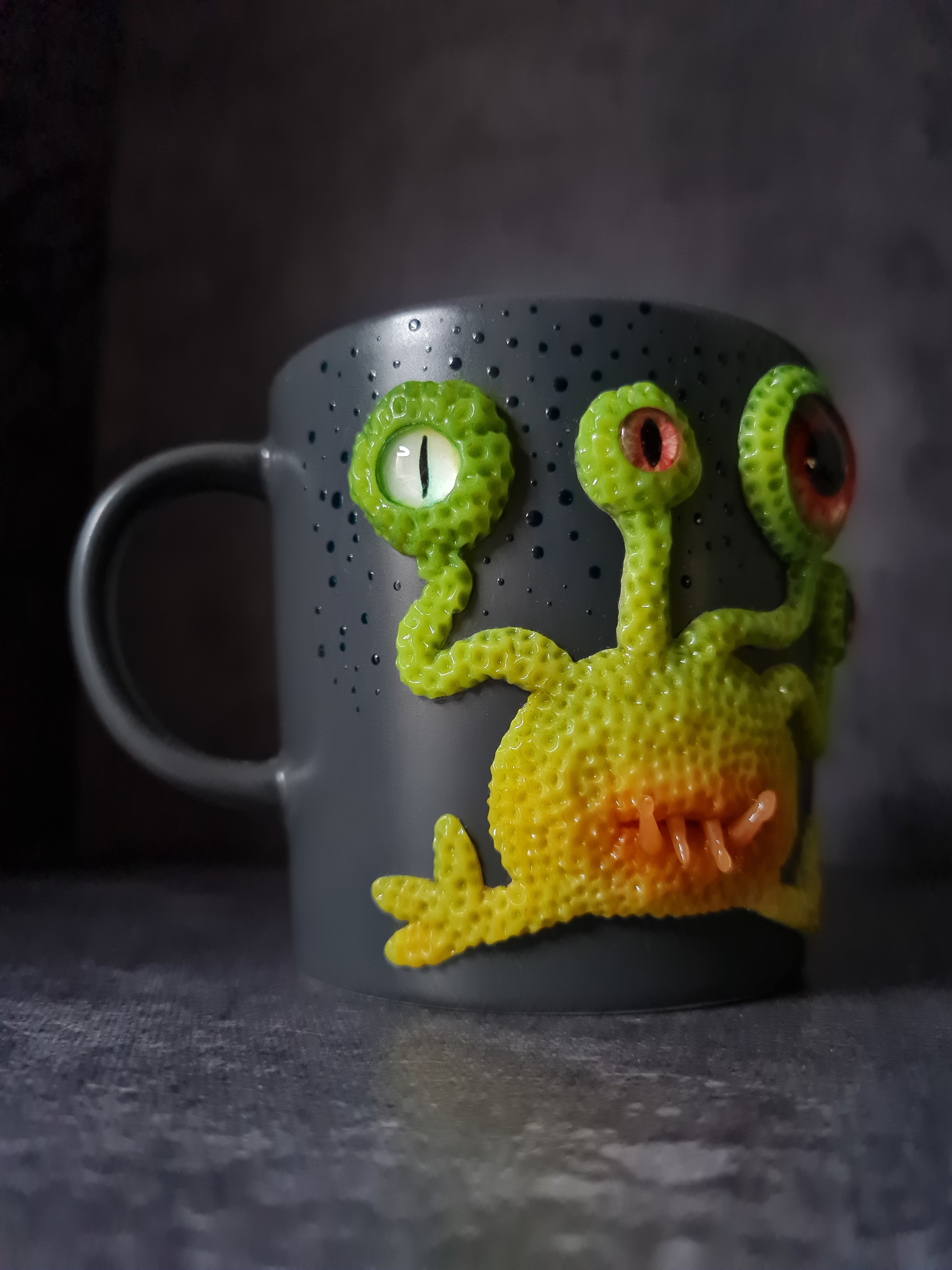 Mug Monster - My, Polymer clay, Teeth, Cabochon, Eyes, Decor, Presents, New Year, Birthday, Holidays, Handmade, Needlework without process, With your own hands, Лепка, Creation, Longpost