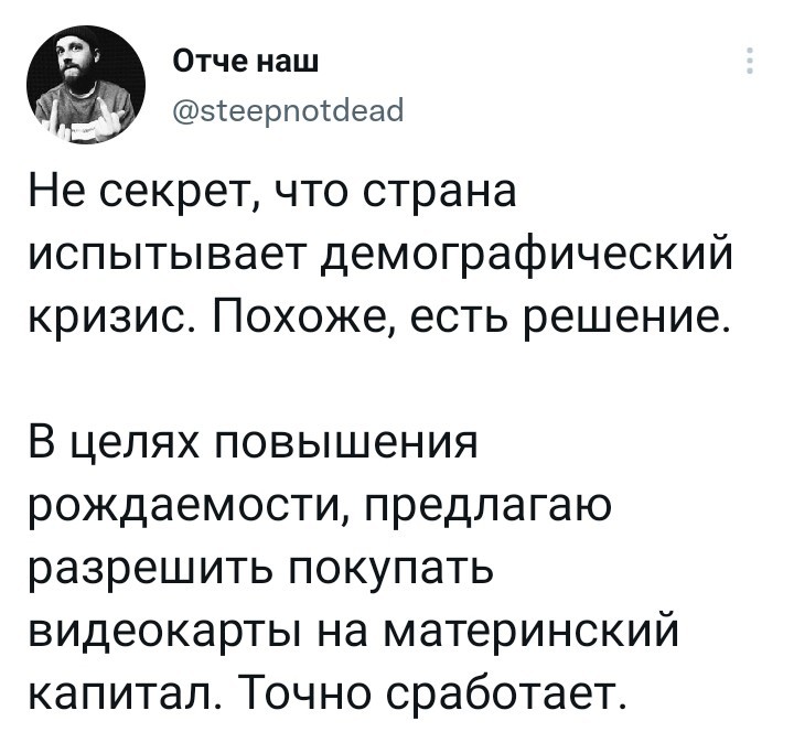 Демографический кризис - Кризис, Геймеры, Материнский капитал, Рождаемость, Юмор, Скриншот, Twitter, Видеокарта