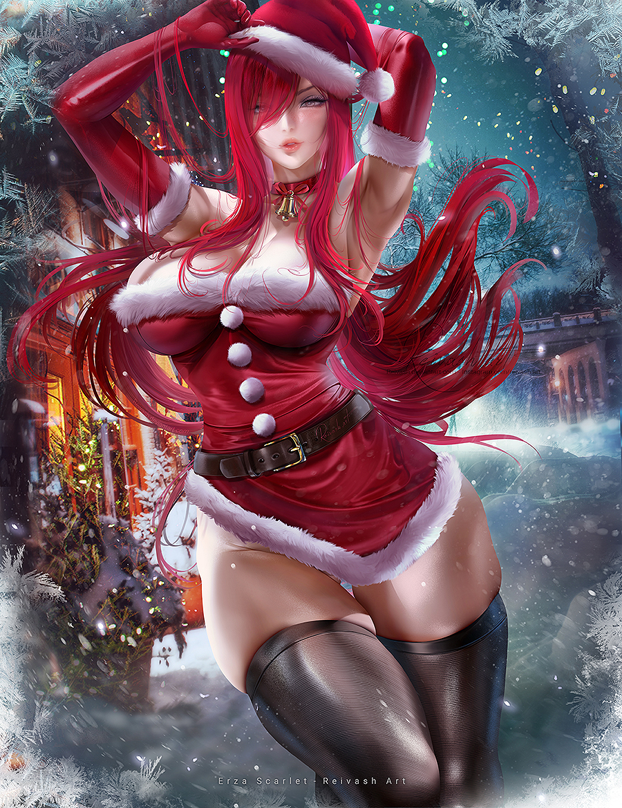 Xmas Erza Scarlet - NSFW, Аниме, Anime Art, Fairy Tail, Erza Scarlet, Нижнее белье, Сиськи, Панцу, Чулки, Рисованная эротика, Эротика, Reivash, Длиннопост