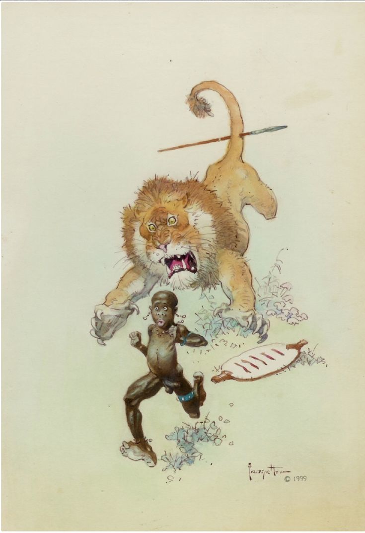 Time to get out of here - NSFW, Art, Black people, a lion, Frank Frazetta