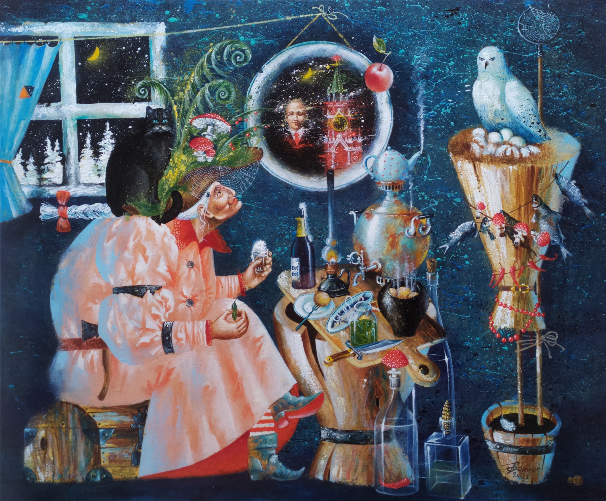 Painting Waiting for Enjoy Your Bath ...  - My, New Year, Art, Modern Art, Art, Fantasy, Story, Baba Yaga, Mortar, Samovar, Painting, cat, Owl, Champagne