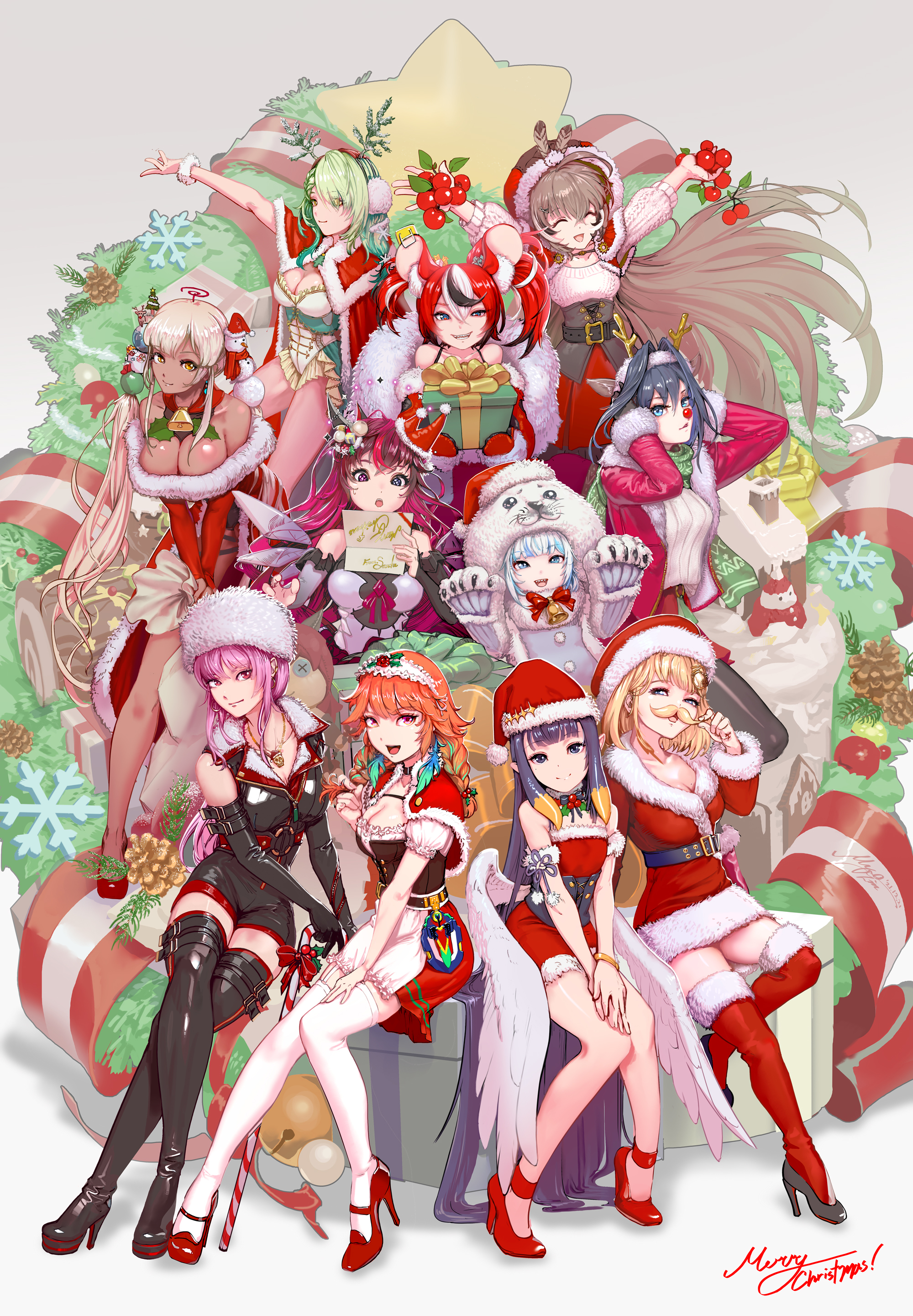 Merry Christmas! - Anime, Anime art, Hololive, Ceres fauna, Gawr gura, Hakos Baelz, Mori calliope, Nanashi Mumei, Ninomae Inanis, Ouro Kronii, Takanashi kiara, Tsukumo sana, Watson amelia, Irys, Virtual youtuber, Animal ears, Stockings