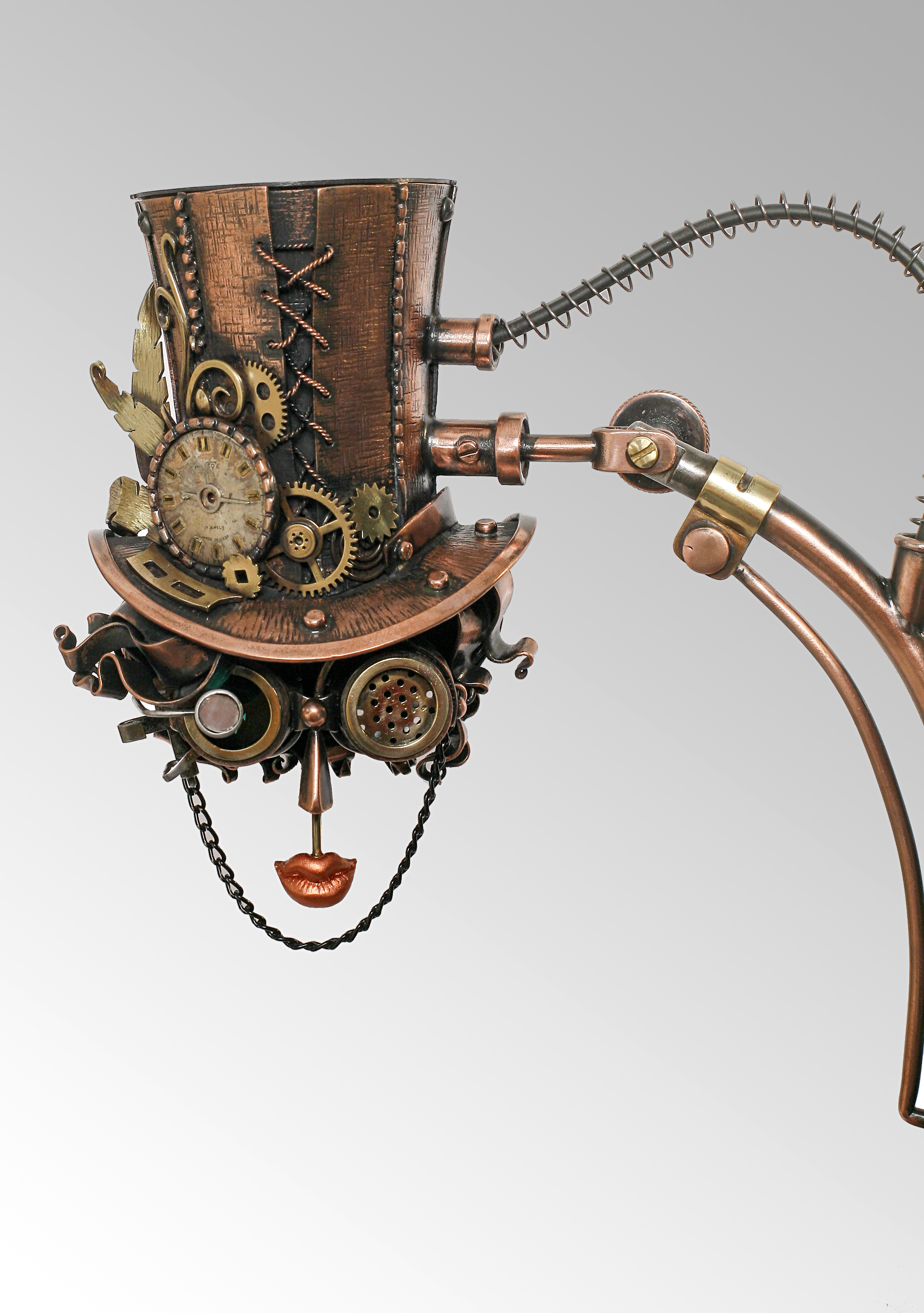 My solution to the female image in the table steampunk lamp Mechanical Lady - My, Needlework without process, Steampunk, Desk lamp, Light, Distribution hat, Decor, Interior Design, Face, Fantasy, Goggles, Longpost