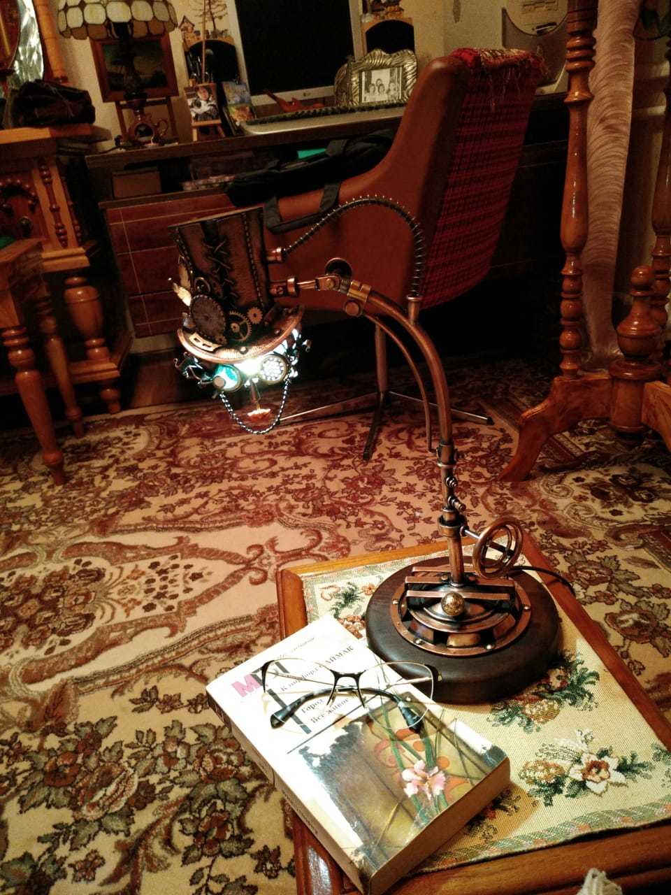 My solution to the female image in the table steampunk lamp Mechanical Lady - My, Needlework without process, Steampunk, Desk lamp, Light, Distribution hat, Decor, Interior Design, Face, Fantasy, Goggles, Longpost