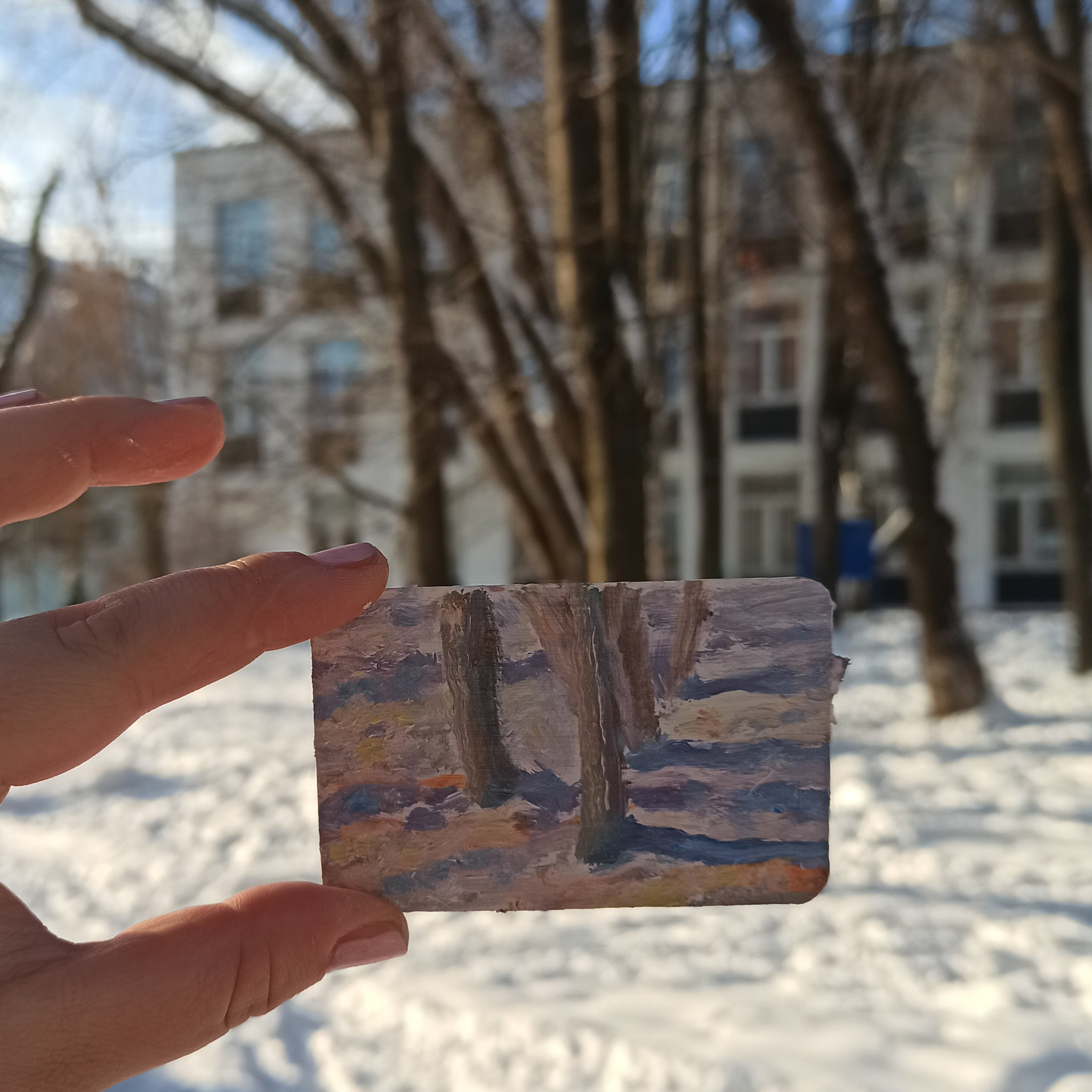 Winter plein air in mini format - My, Plein air, Oil painting, Palette, Winter, Winter fun, Longpost