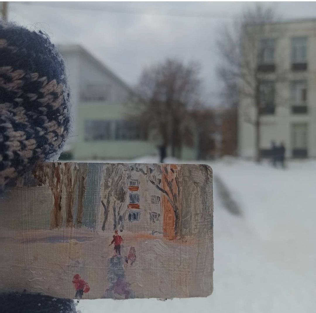 Winter plein air in mini format - My, Plein air, Oil painting, Palette, Winter, Winter fun, Longpost