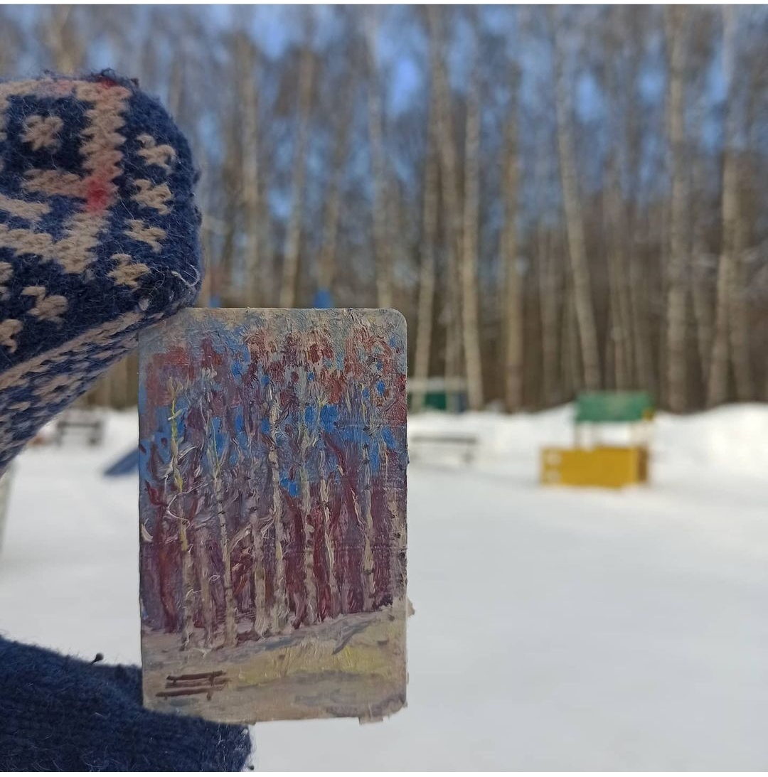 Winter plein air in mini format - My, Plein air, Oil painting, Palette, Winter, Winter fun, Longpost