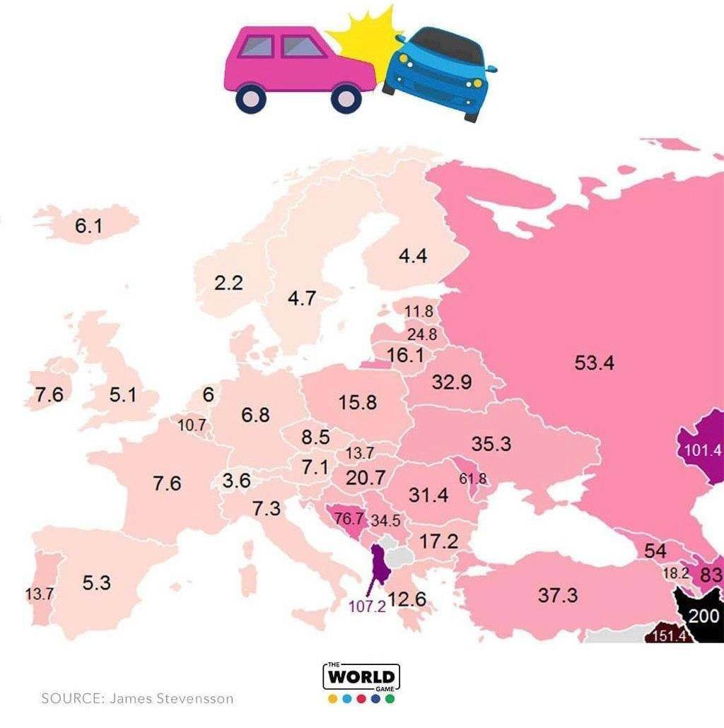 Количество смертей на 100.000 машин в странах Европы | Пикабу