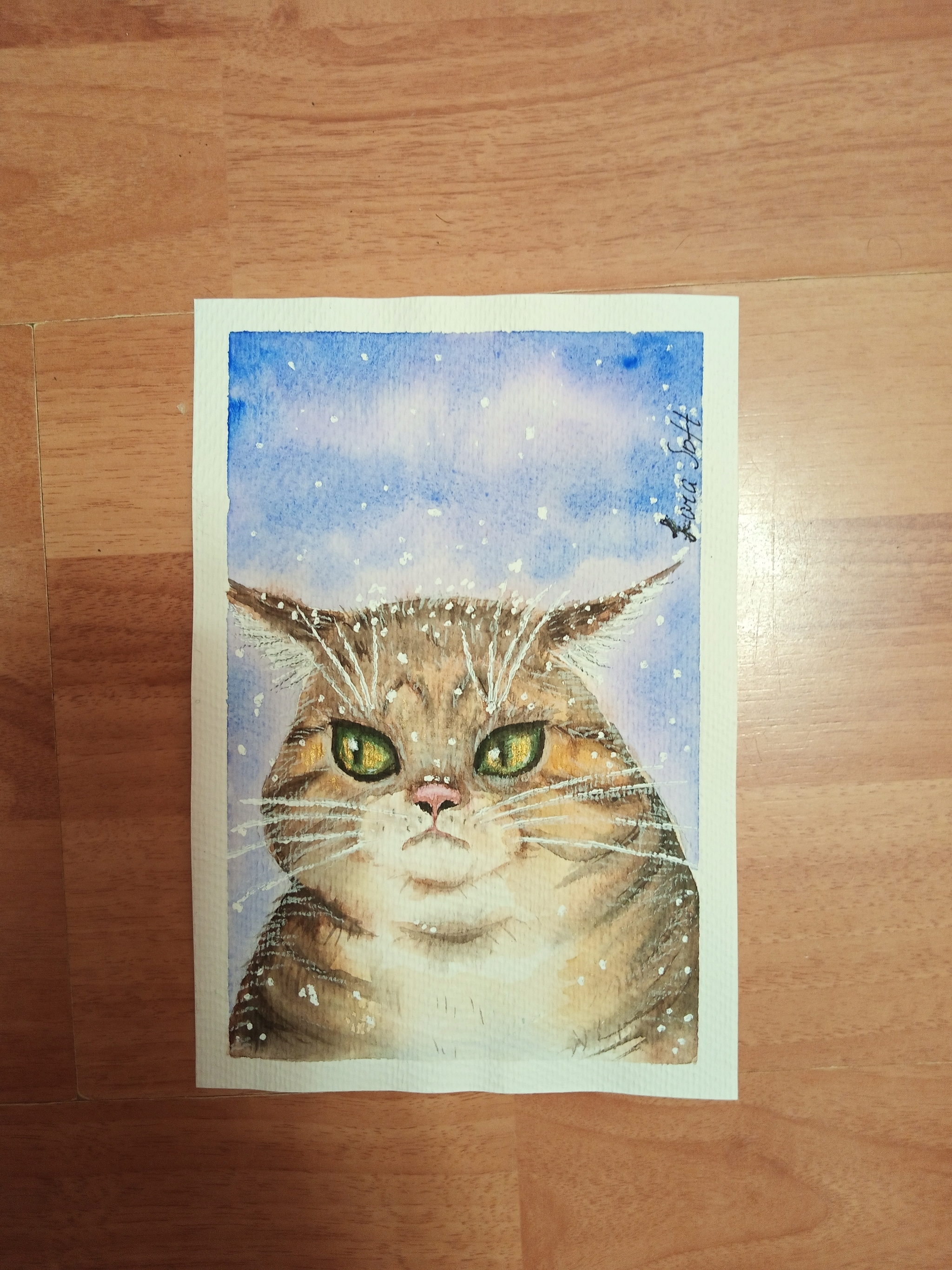 Snow cat 2 - My, Snow, cat, Watercolor, Longpost