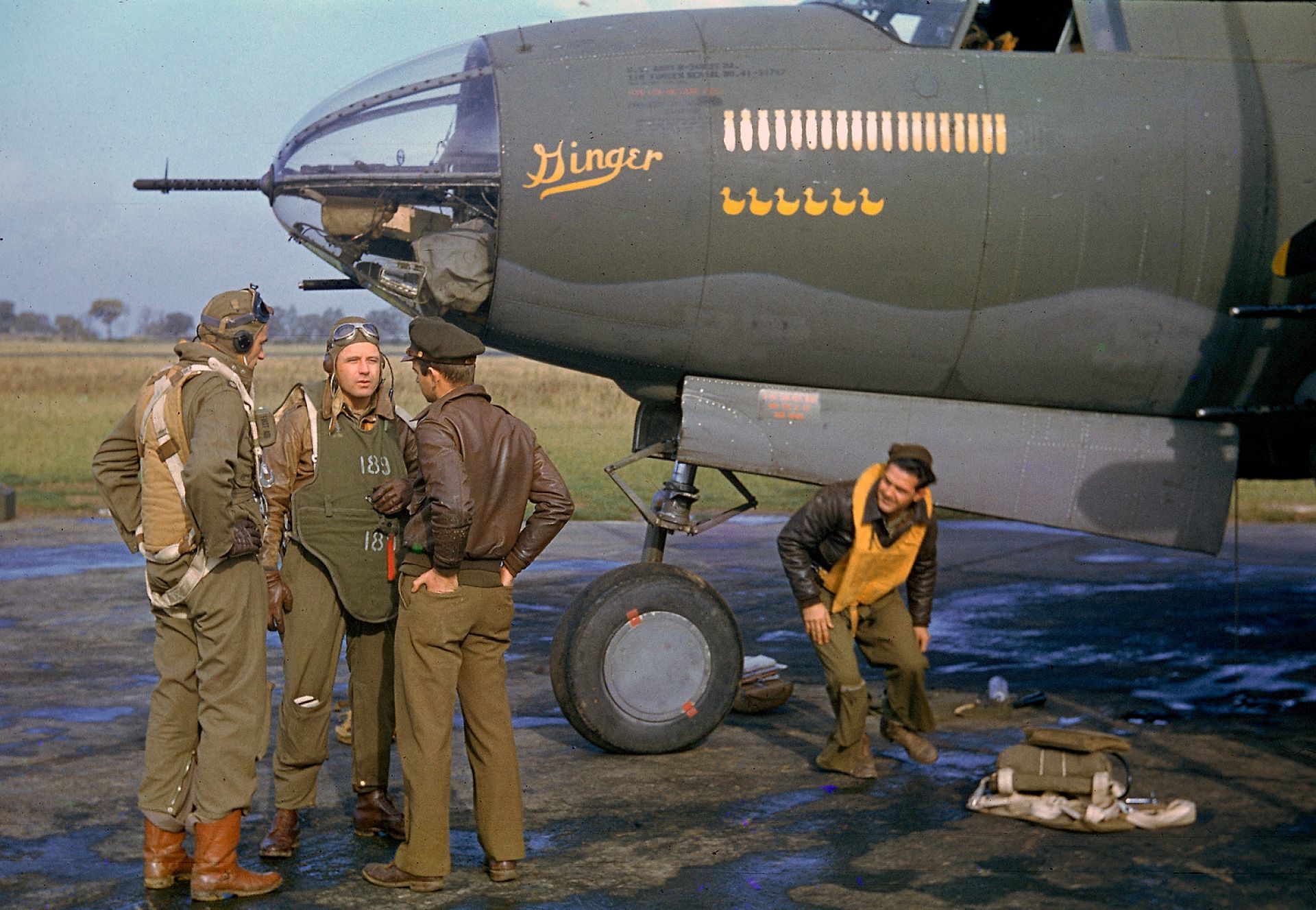 The crew of the American bomber B-26 Marauder after a combat flight - The Second World War, Aviation, Airplane, Aerodrome, Historical photo