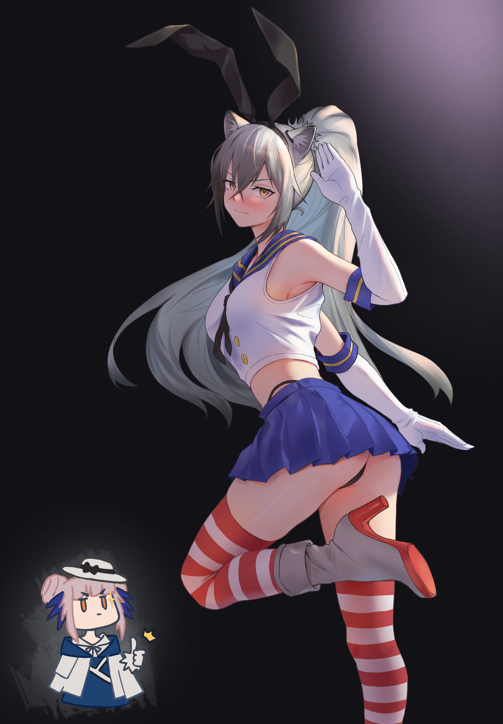 Schwarz or Shimakaze? - NSFW, Anime, Anime art, Arknights, Kantai collection, Schwarz, Shimakaze, Crossover, Animal ears, Booty, Pantsu, Stockings, Hand-drawn erotica, Erotic