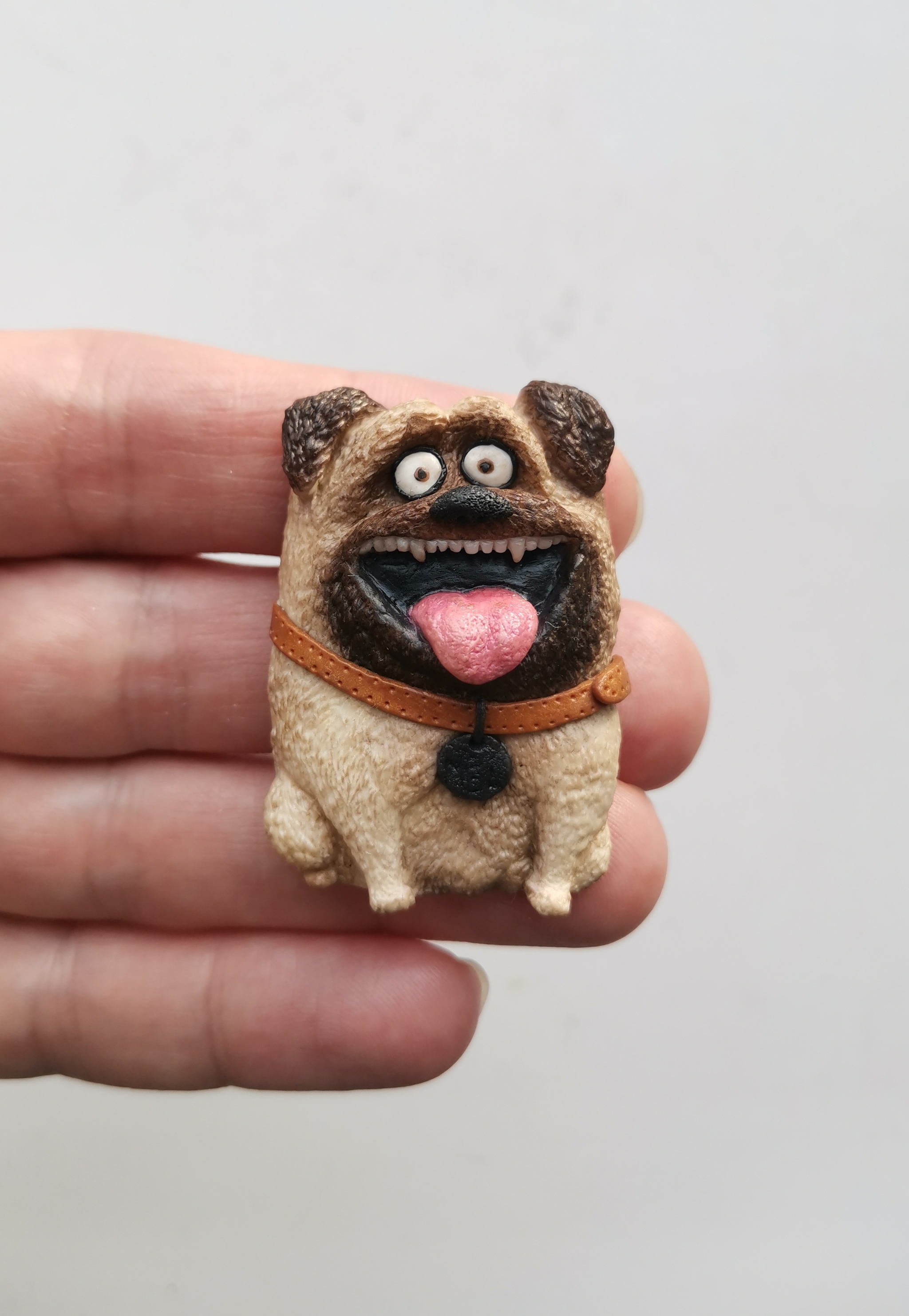 Pug Mel - My, Polymer clay, Brooch, Pug, Лепка, Needlework without process, Dog, With your own hands, Longpost