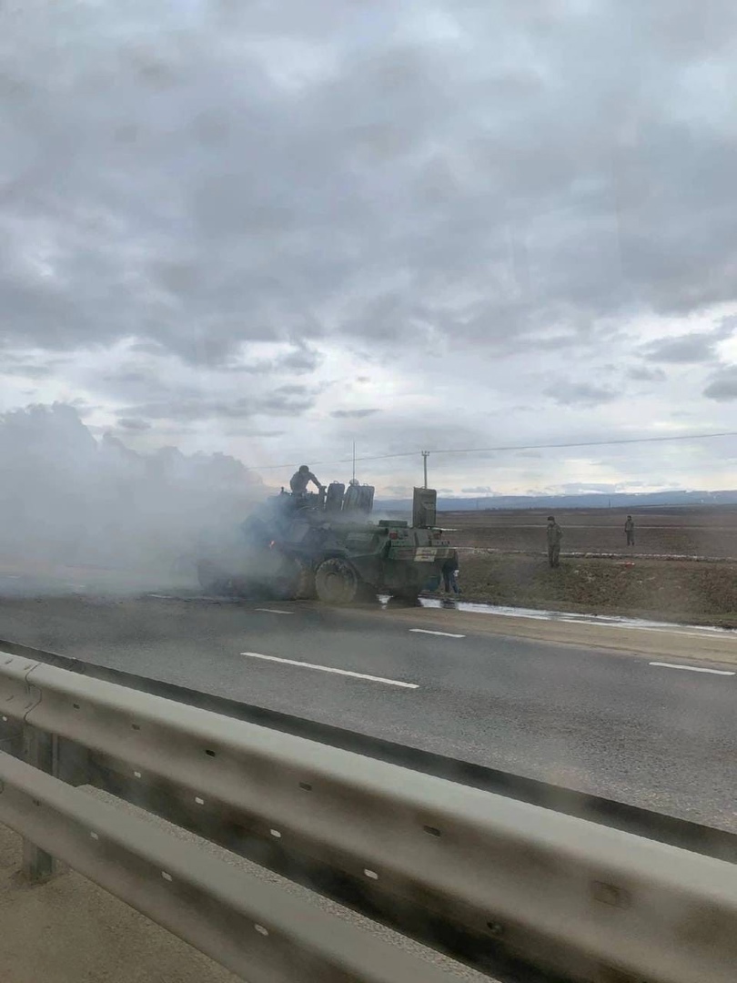 In the Crimea, on the Tavrida highway near Belogorsk, an armored personnel carrier caught fire - The photo, Crimea, Armored personnel carrier, Military, Fire, Military equipment, Track, Longpost