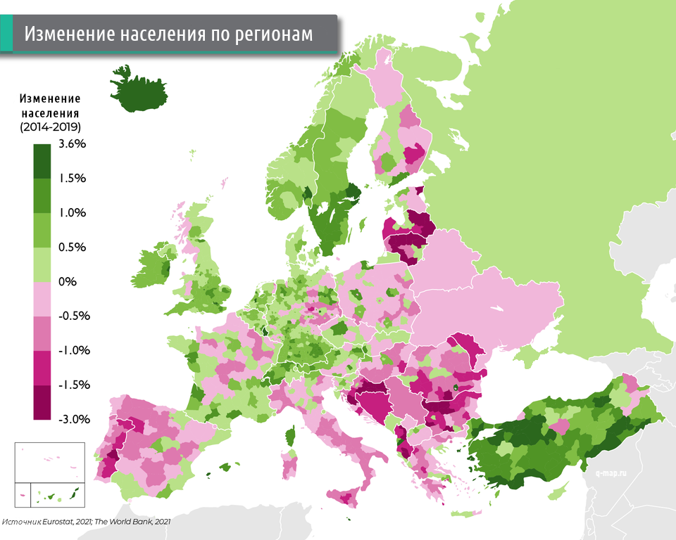 Percentage change in population by region in Europe and Turkey - Cards, Population decline, Population growth