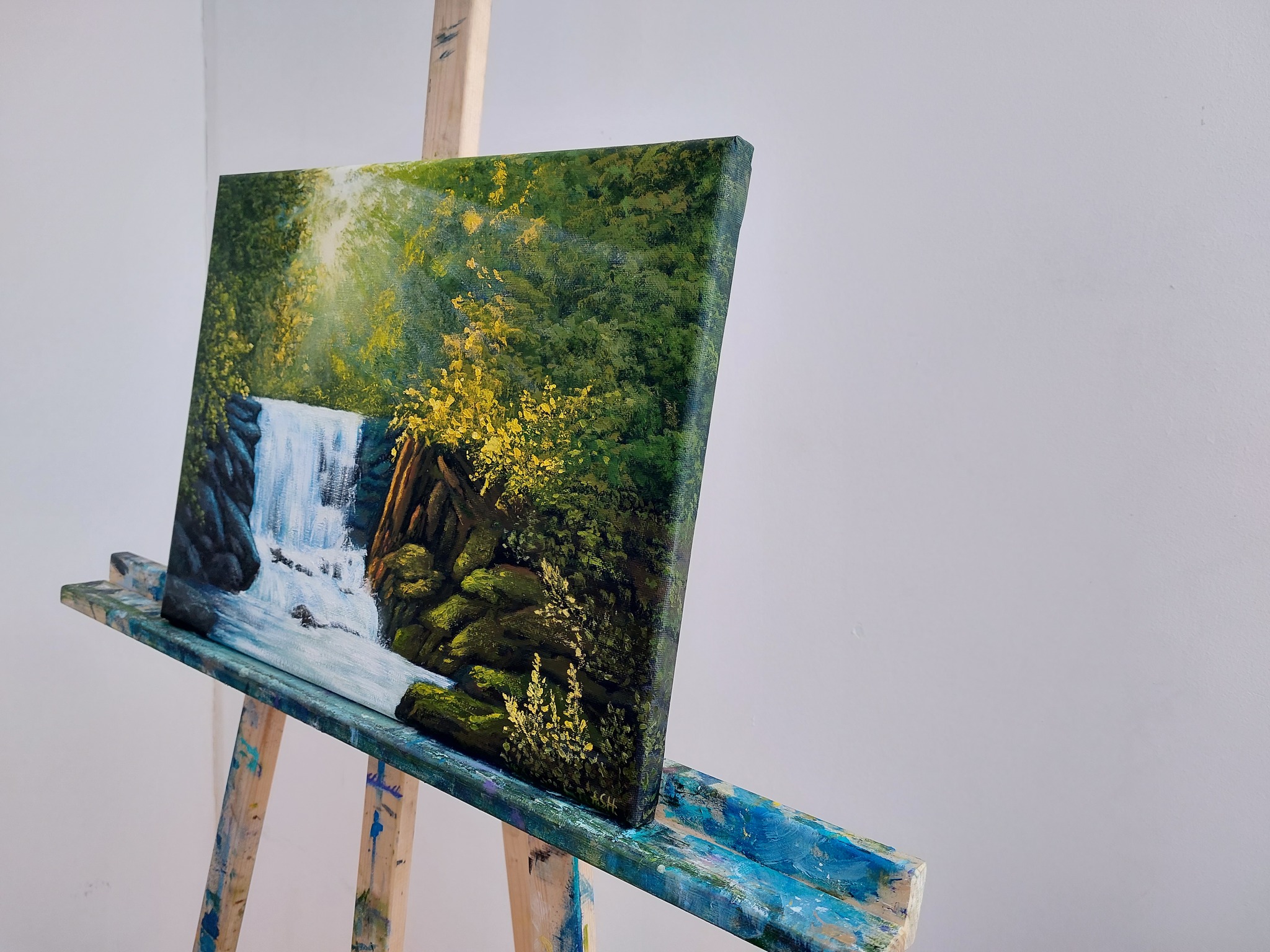 Forest, waterfall. Oil on canvas on a stretcher 30 / 40cm - My, Oil painting, Waterfall, Forest, Longpost