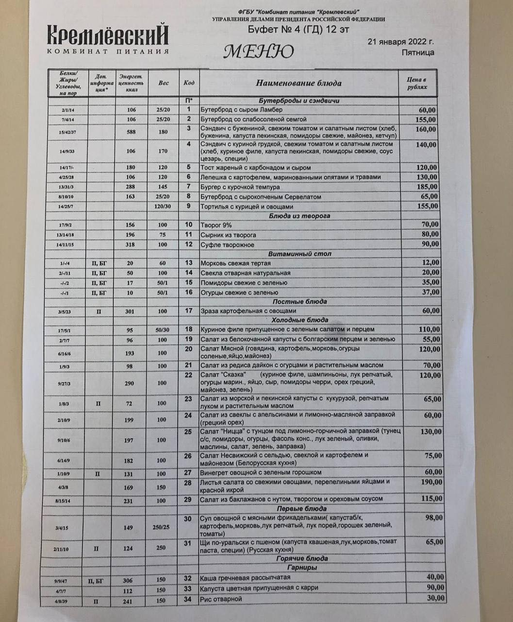 DG Buffet Menu for Today - Menu, Buffet, Moscow, State Duma, Prices