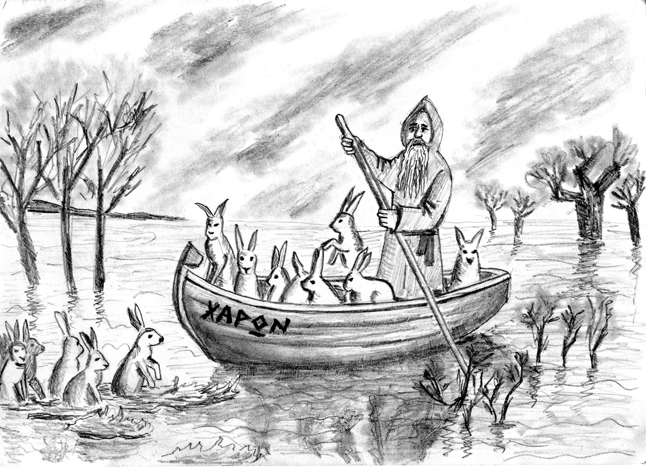 Grandfather Charon and the Hares - My, Images, Humor, Black humor, Pencil drawing, Grandfather Mazai, Charon, Hare, Flood