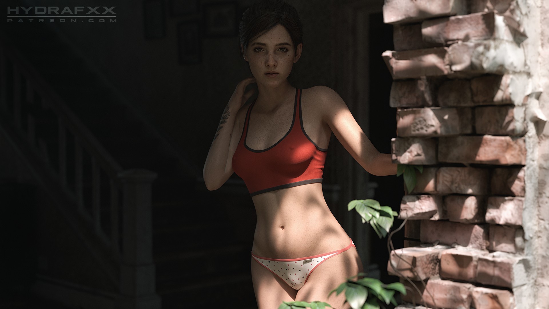 Ellie (дополнение) - NSFW, Арт, 3D, The Last of Us, The Last of Us 2, Naughty Dog, Элли, Девушки, Эротика, Рисованная эротика, Game Art, Нижнее белье, Сиськи, Топлесс, Верблюжья лапка, Вид снизу, Раздевание, Веснушки, Девушка с тату, Промежность, Hydrafxx, Длиннопост