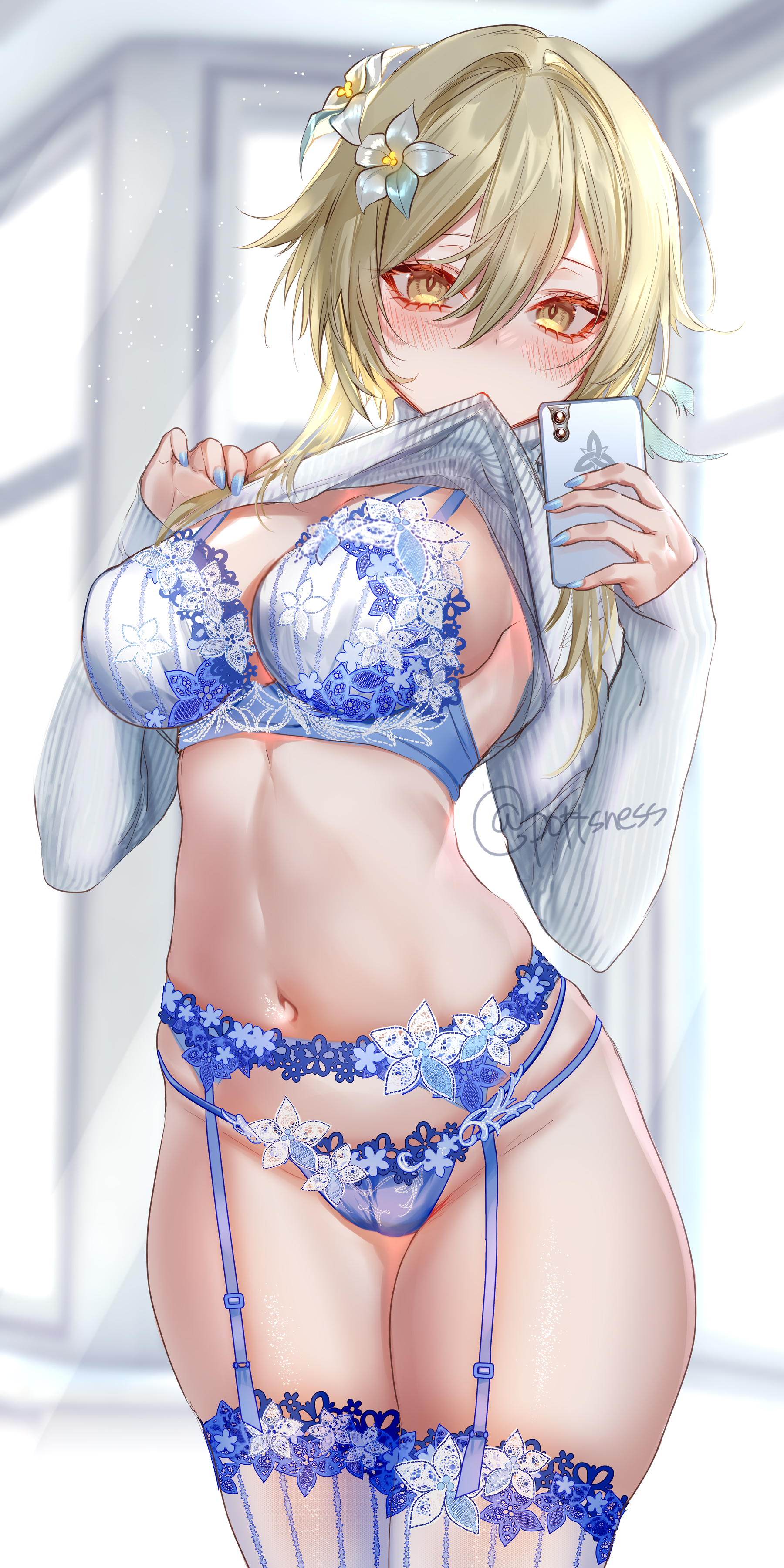 Lumine - NSFW, Anime, Anime art, Genshin impact, Lumine, Games, Underwear, Boobs, Pantsu, Stockings, Suspenders