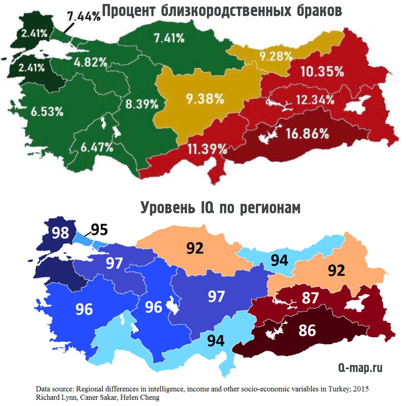 Процент людей, вступавших в 2015 году в близкородственные связи, а также IQ по регионам Турции - Карты, Турция, IQ, Статистика