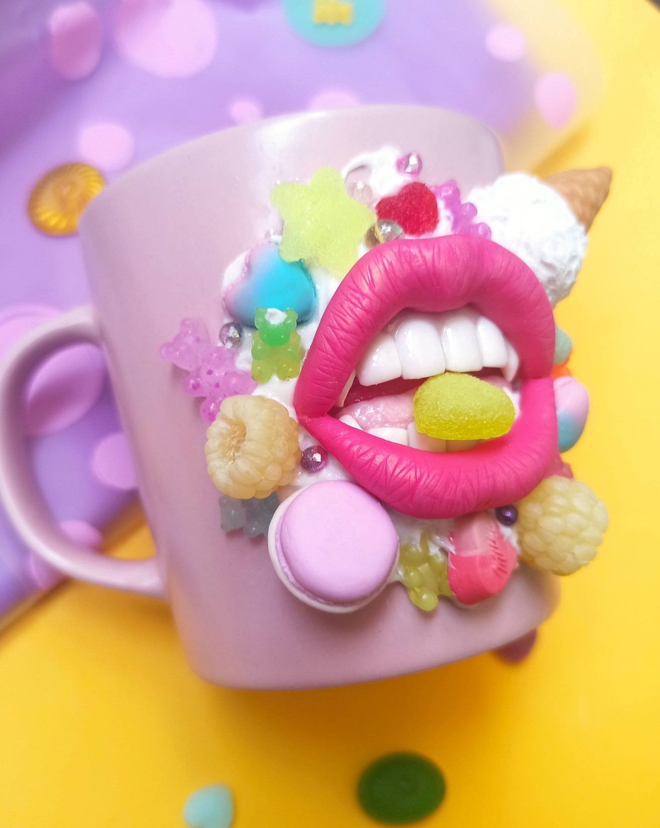 Mug - a gift to a sweet tooth) - My, Polymer clay, Mug with decor, Needlework without process, Лепка, Needlework, Presents, Decor, Sweets, Sweet tooth, Bears, Marmalade, Ice cream, Phosphor, Milka, Lips, Кружки, Handmade, Teeth, Longpost