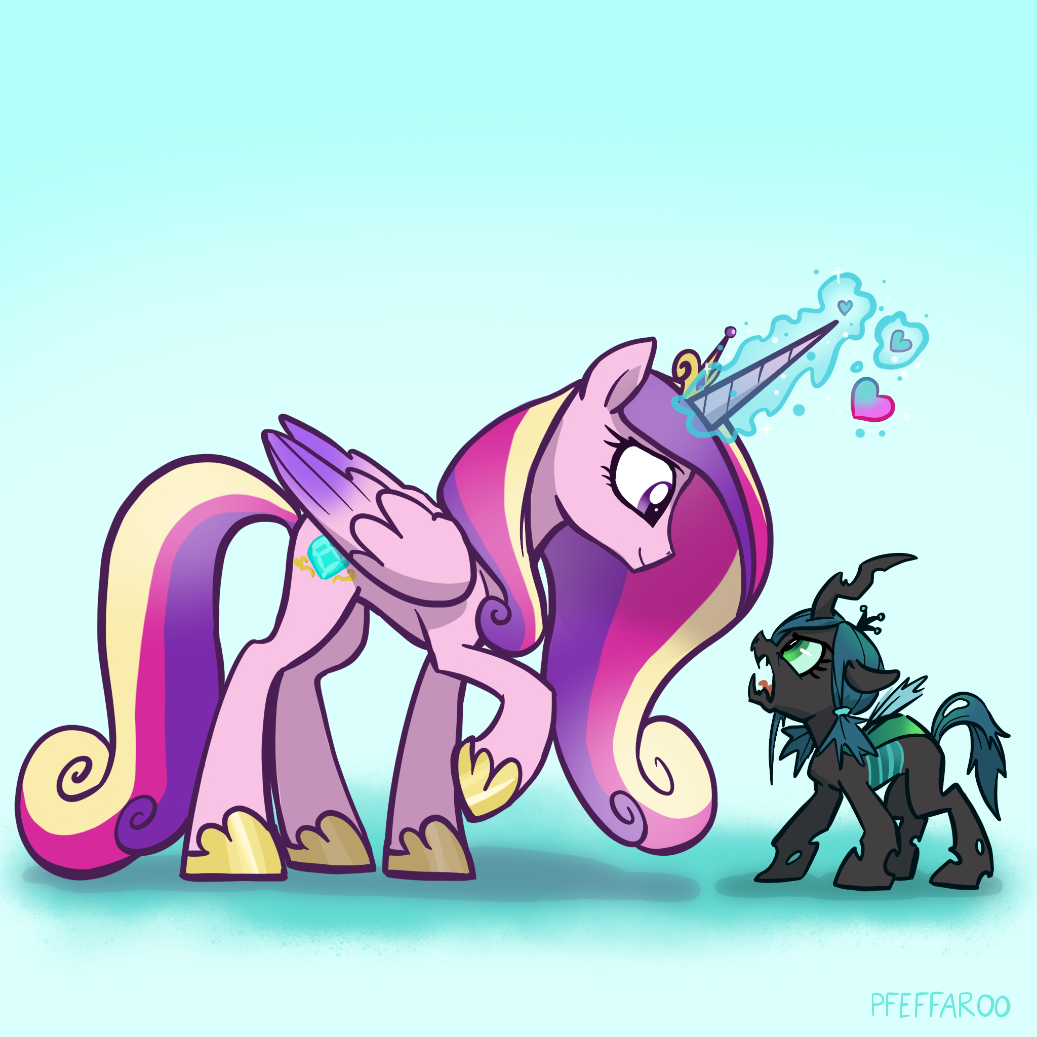 Are you hungry, tiny bug? - My little pony, Princess cadance, Queen chrysalis, PonyArt, Pfeffaroo, Art