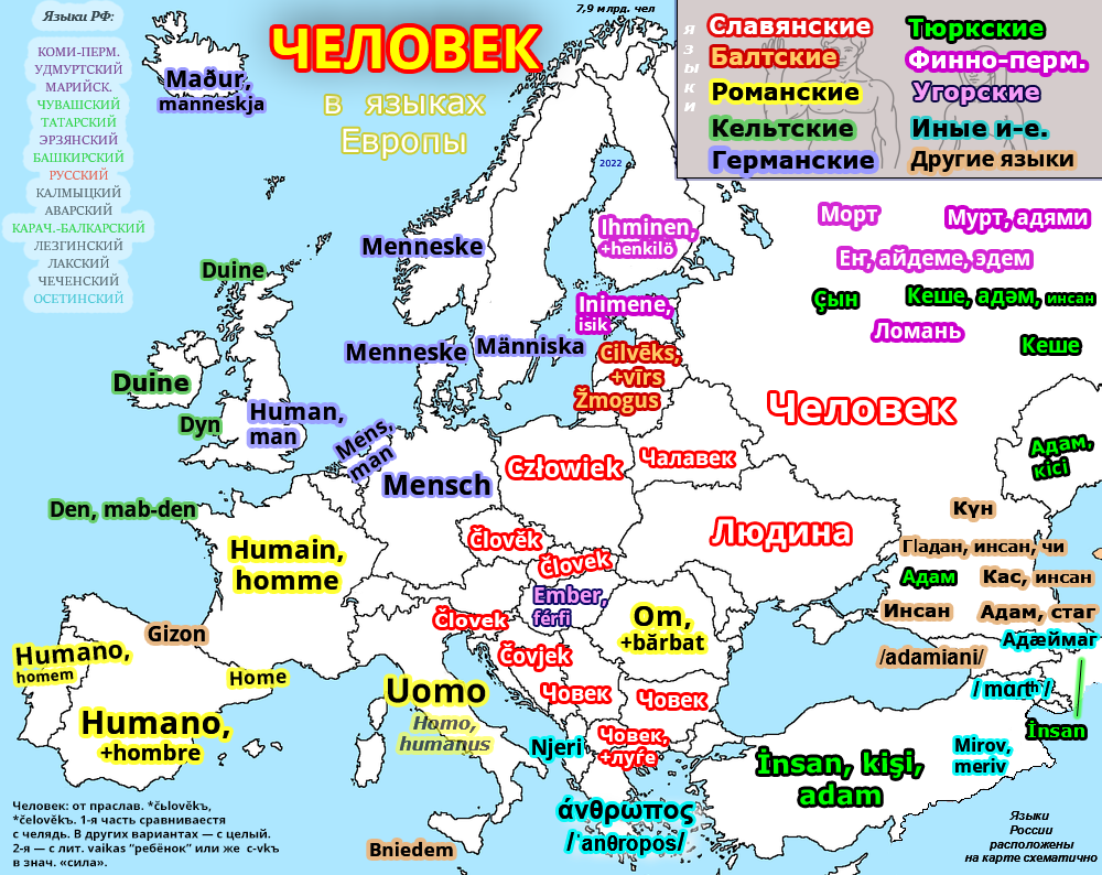 Слово человек в языках Европы и европейской части России - Моё, Карты, Иностранные языки, Лингвистика, Лексика, Этимология, Человек, Люди