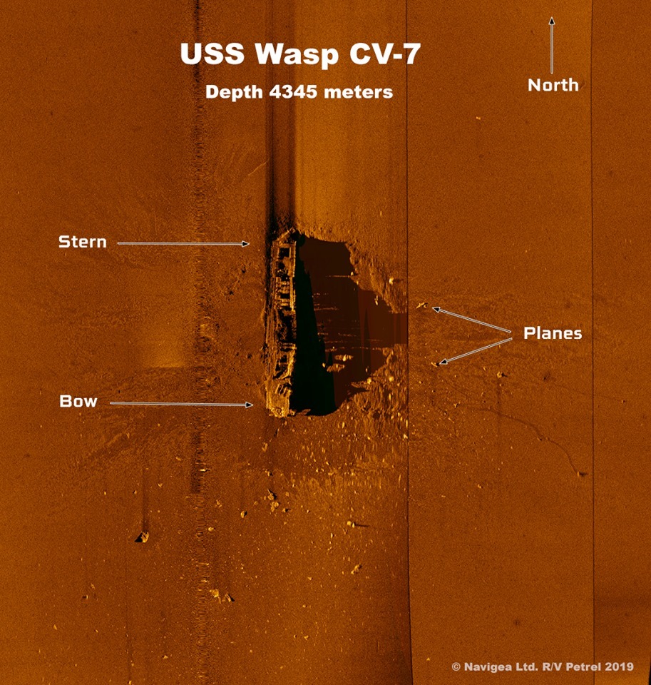 The American aircraft carrier USS Wasp (CV-7), which sank at a depth of 4345 meters - Bottom, Depth, Pacific Ocean, Coral, Fleet, Aircraft carrier, The Second World War, Research, Interesting, Robot, The photo, Naval battles, Informative, Rust, Airplane, Longpost, Rv Petrel (research vessel), Paul Allen, Video