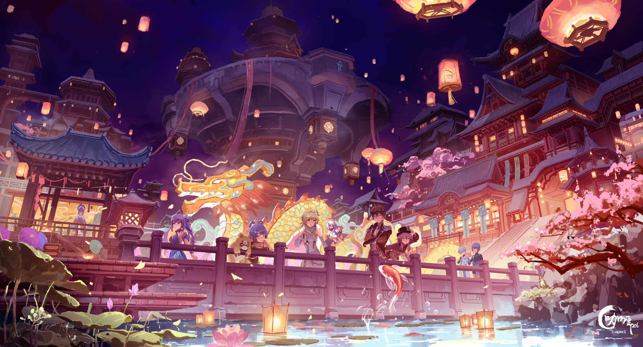 Lantern Festival - Anime art, Anime, Lumine, Xiangling, Zhongli, Hu Tao, Keqing, Guoba, Xingqiu, Chongyun, Yun Jin, Genshin impact, Lantern Festival, Paimon
