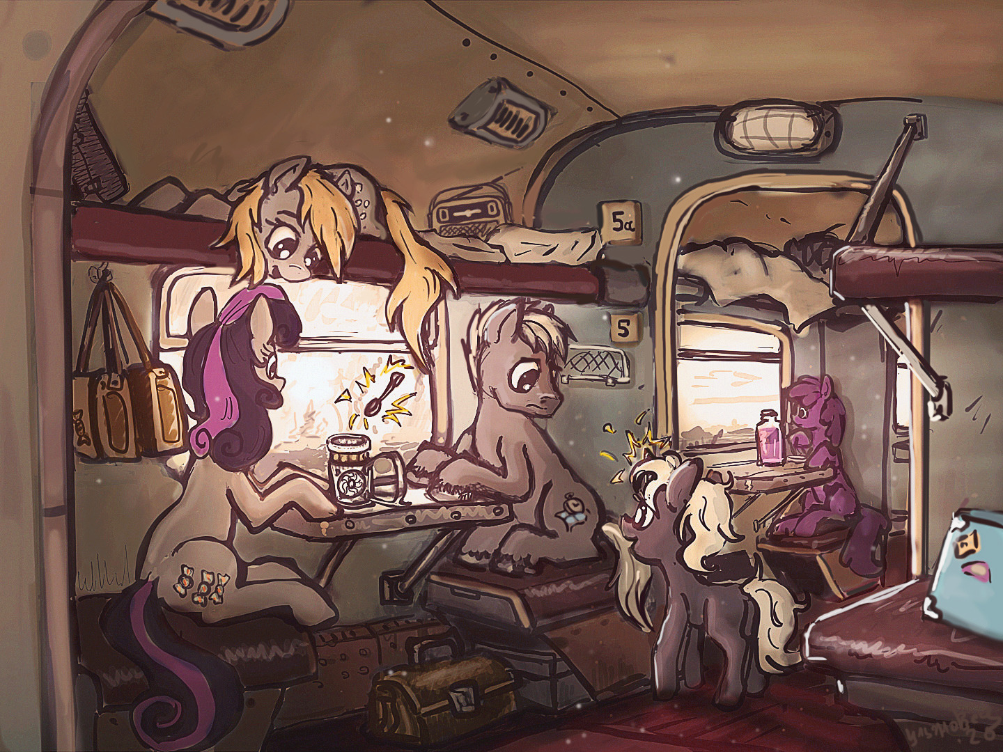 Поняхи в плацкарте - My Little Pony, Bon Bon, Derpy Hooves, Berry Punch, Dinky Hooves, Original Character, Плацкарт, Поезд