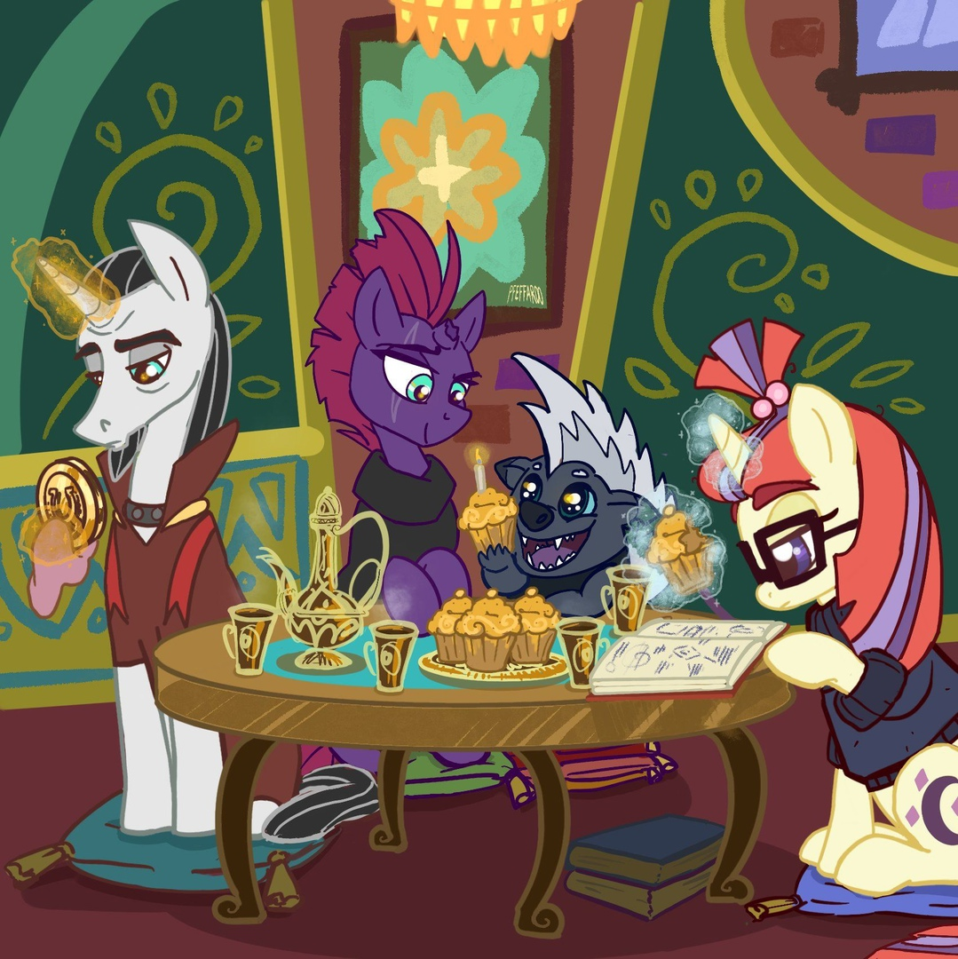 Unusual tea party - My little pony, Chancellor Neighsay, Tempest shadow, Moondancer, Grubber